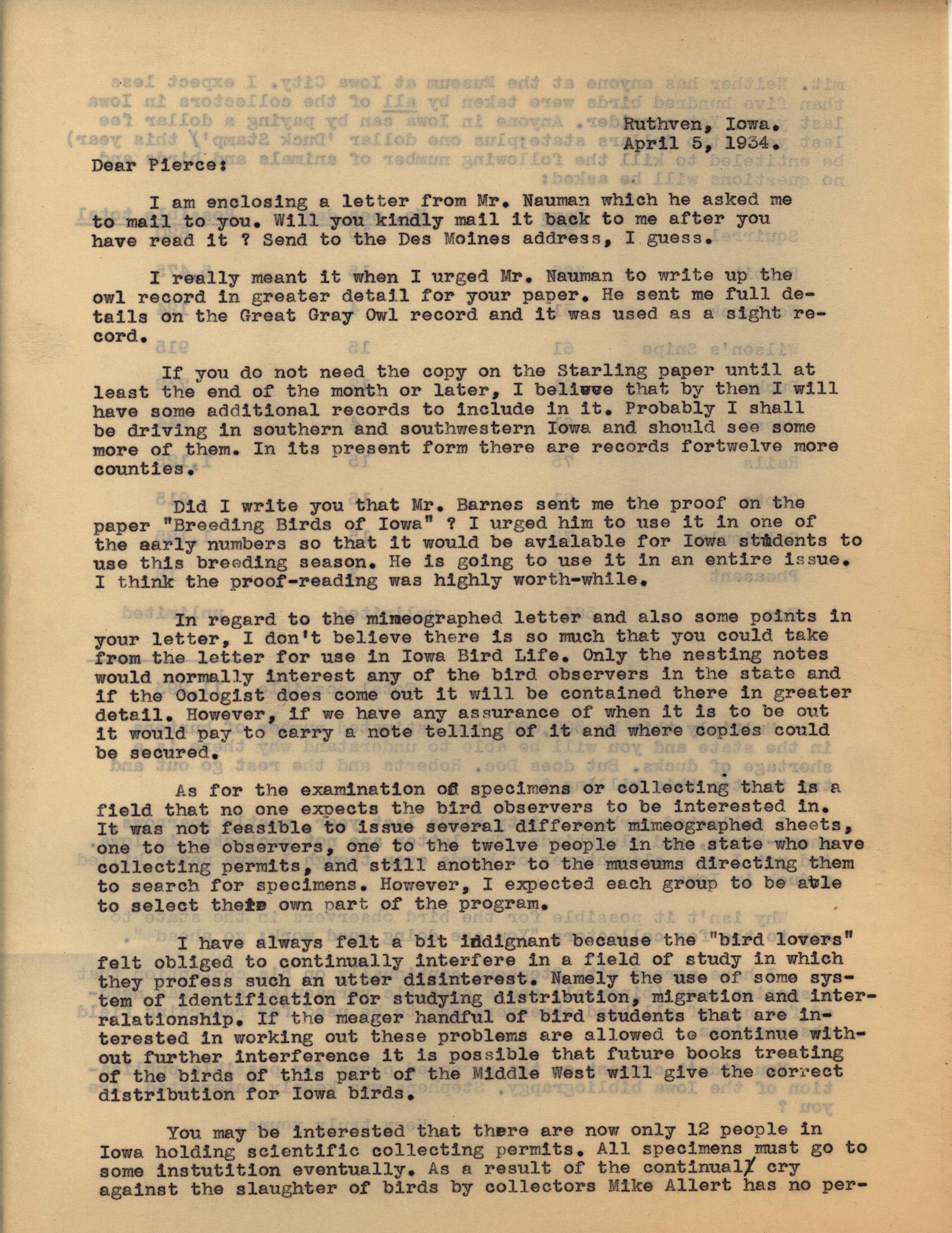 Philip DuMont letter to Fred Pierce regarding specimen collecting, April 5, 1934