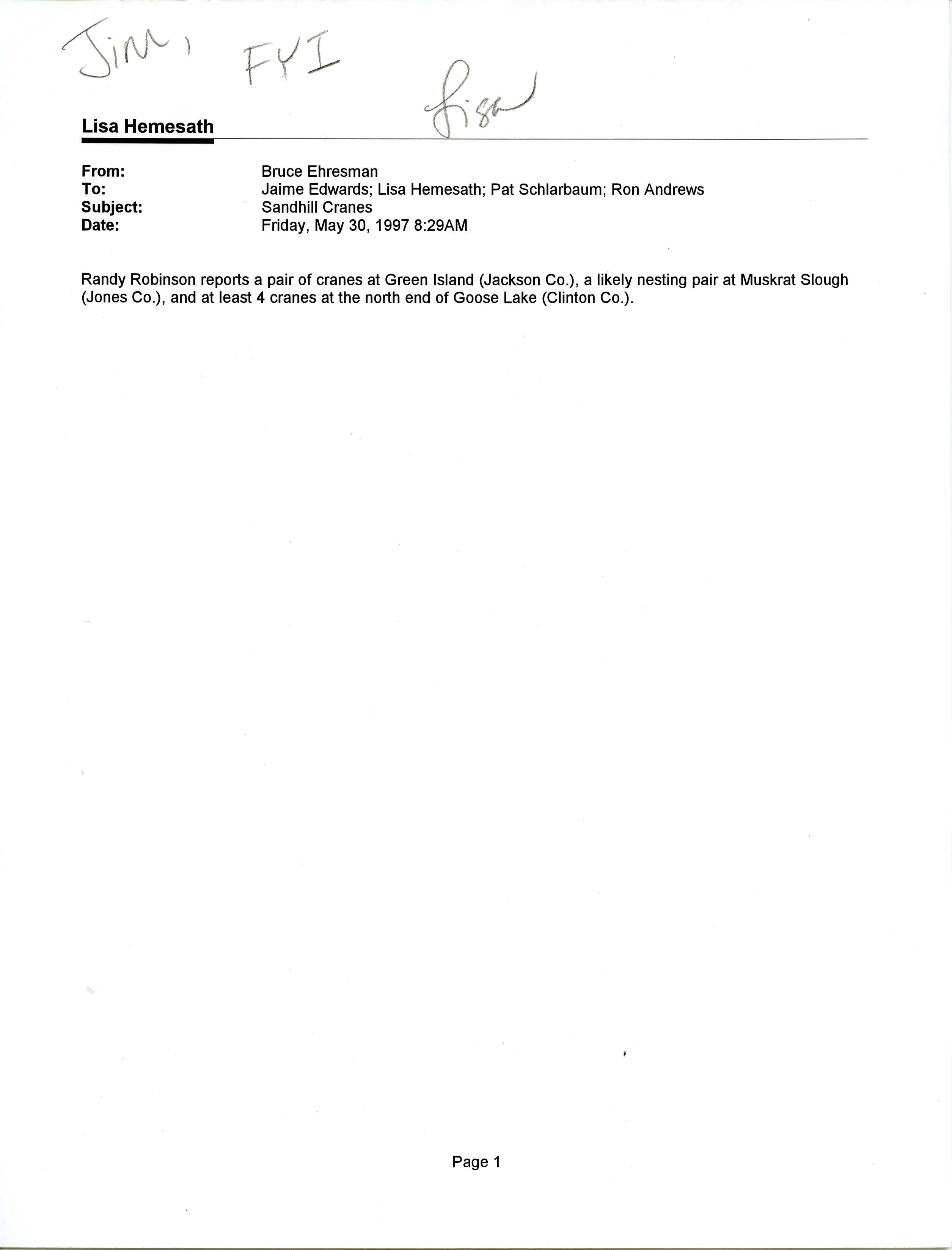 Bruce Ehresman email to Lisa Hemesath and others regarding Sandhill Crane sightings, May 30, 1997
