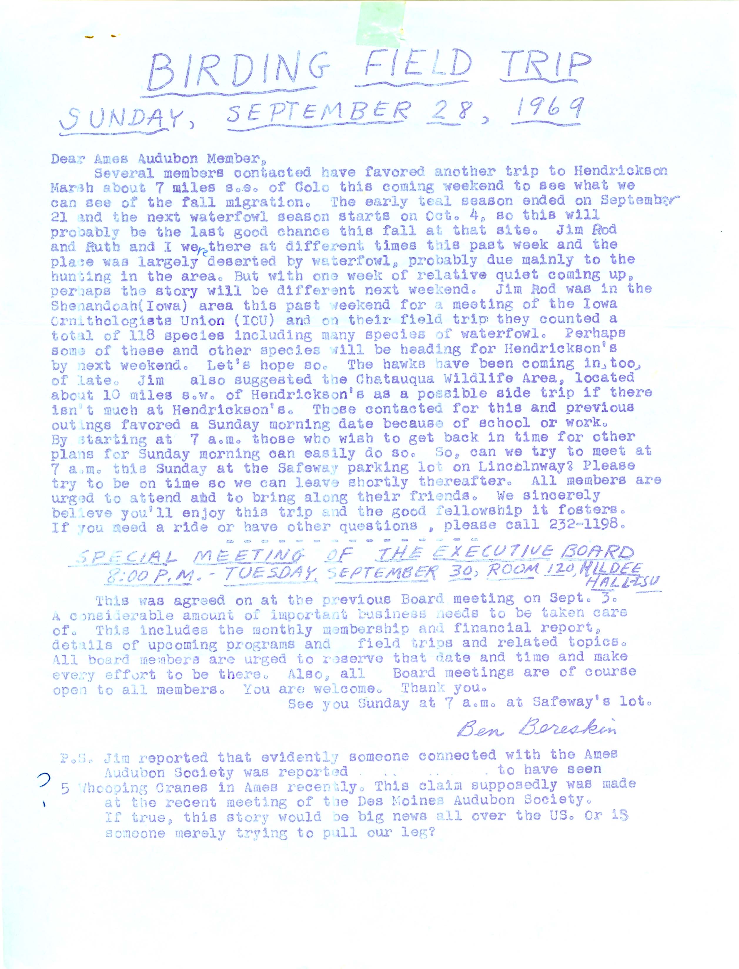 Ben Bereskin letter to Wilmer J. Miller and Lotus Miller regarding a birding field trip, September 22, 1969