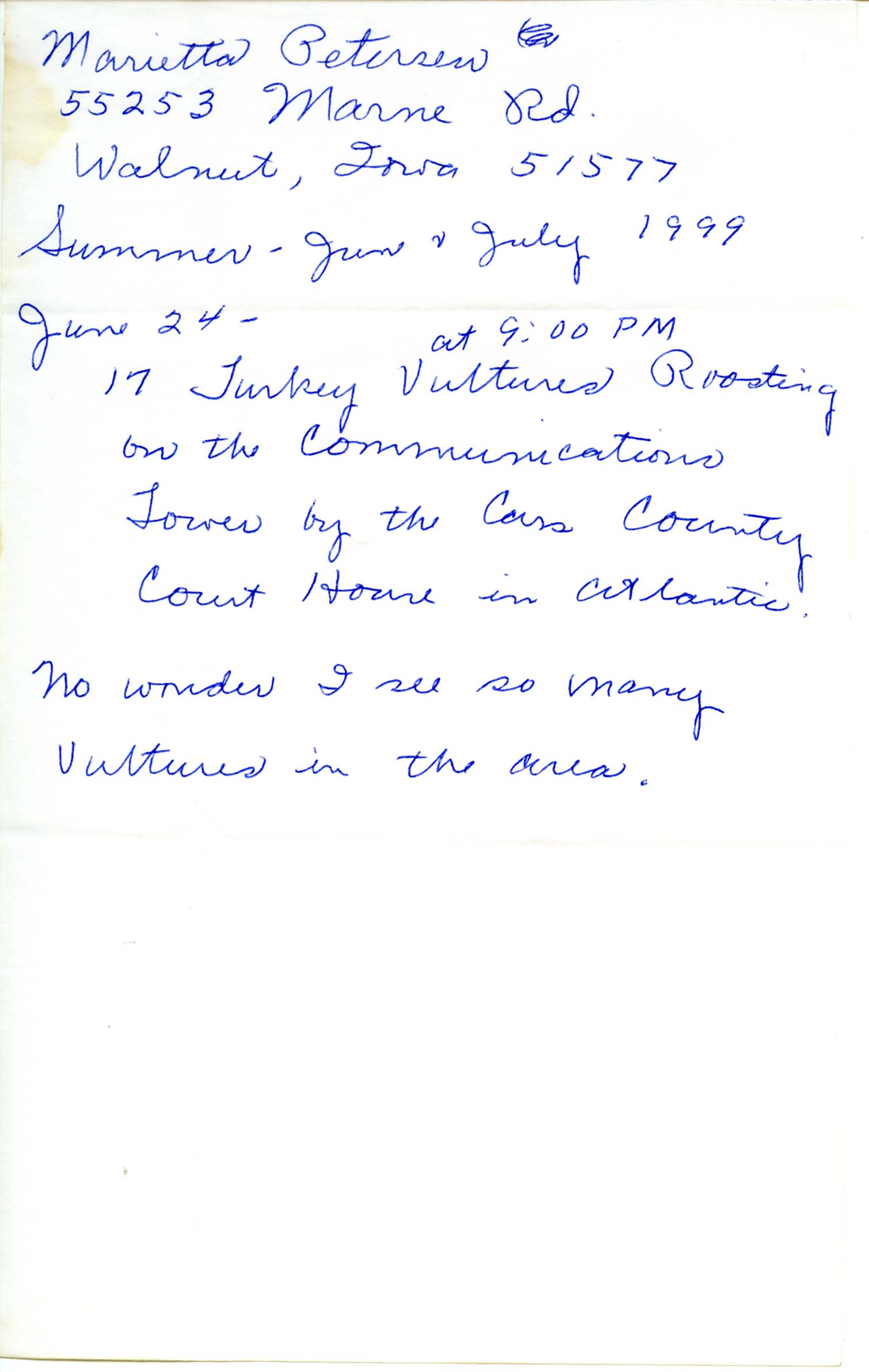 Marietta Petersen note regarding Turkey Vultures, June 24, 1999