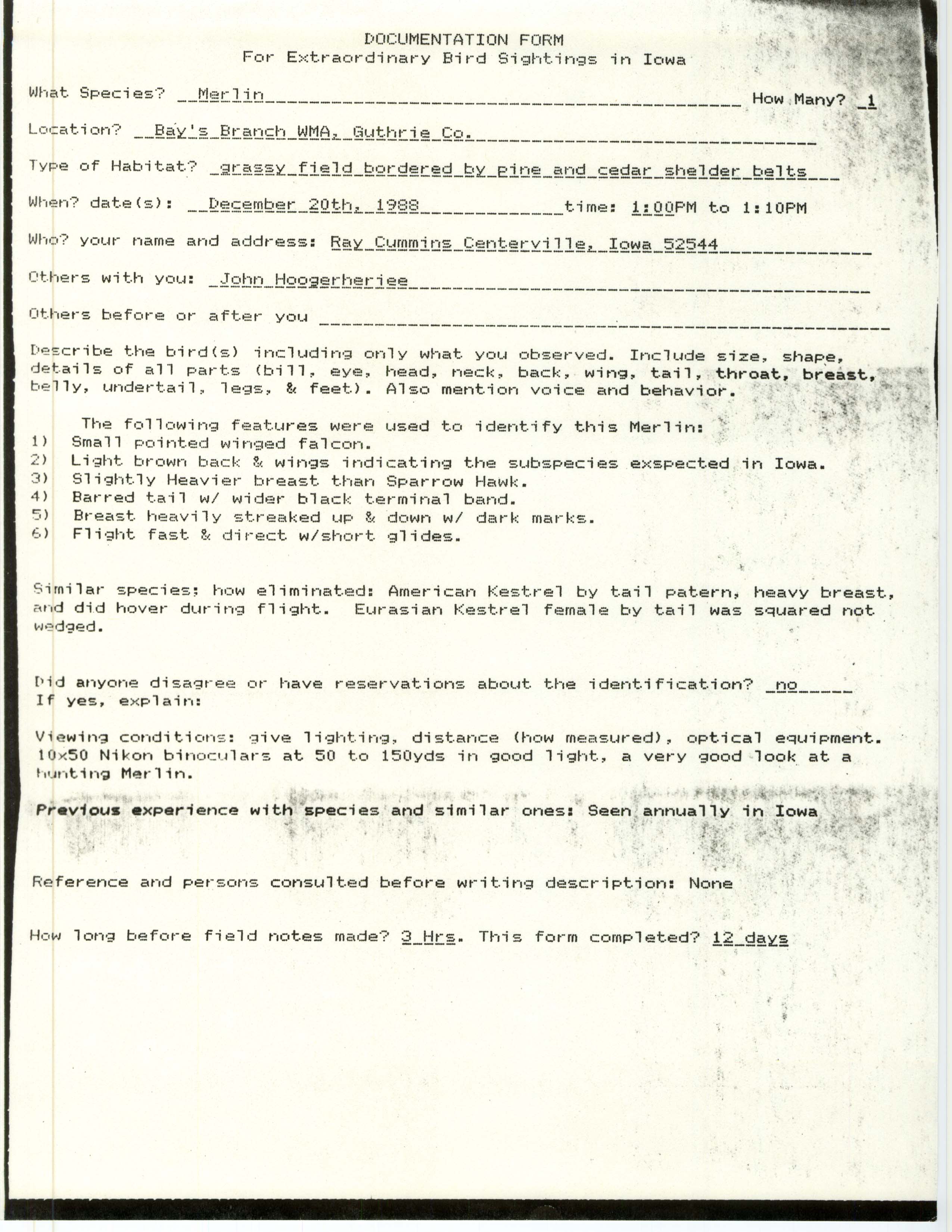 Rare bird documentation form for Merlin at Bay's Branch Wildlife Management Area, 1988