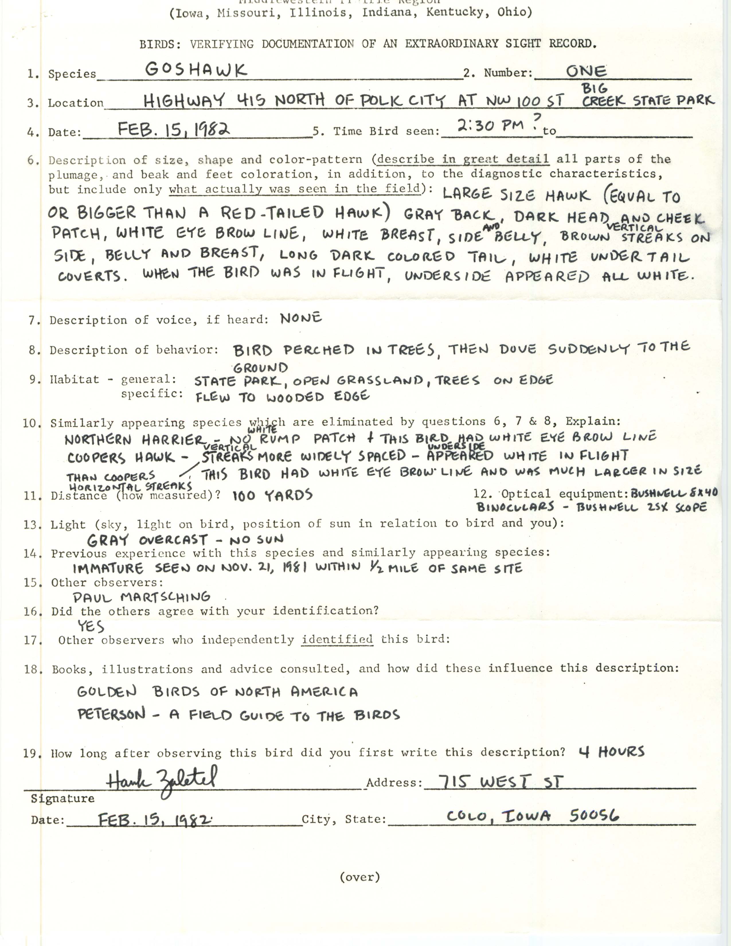 Rare bird documentation form for Northern Goshawk at Big Creek State Park, 1982