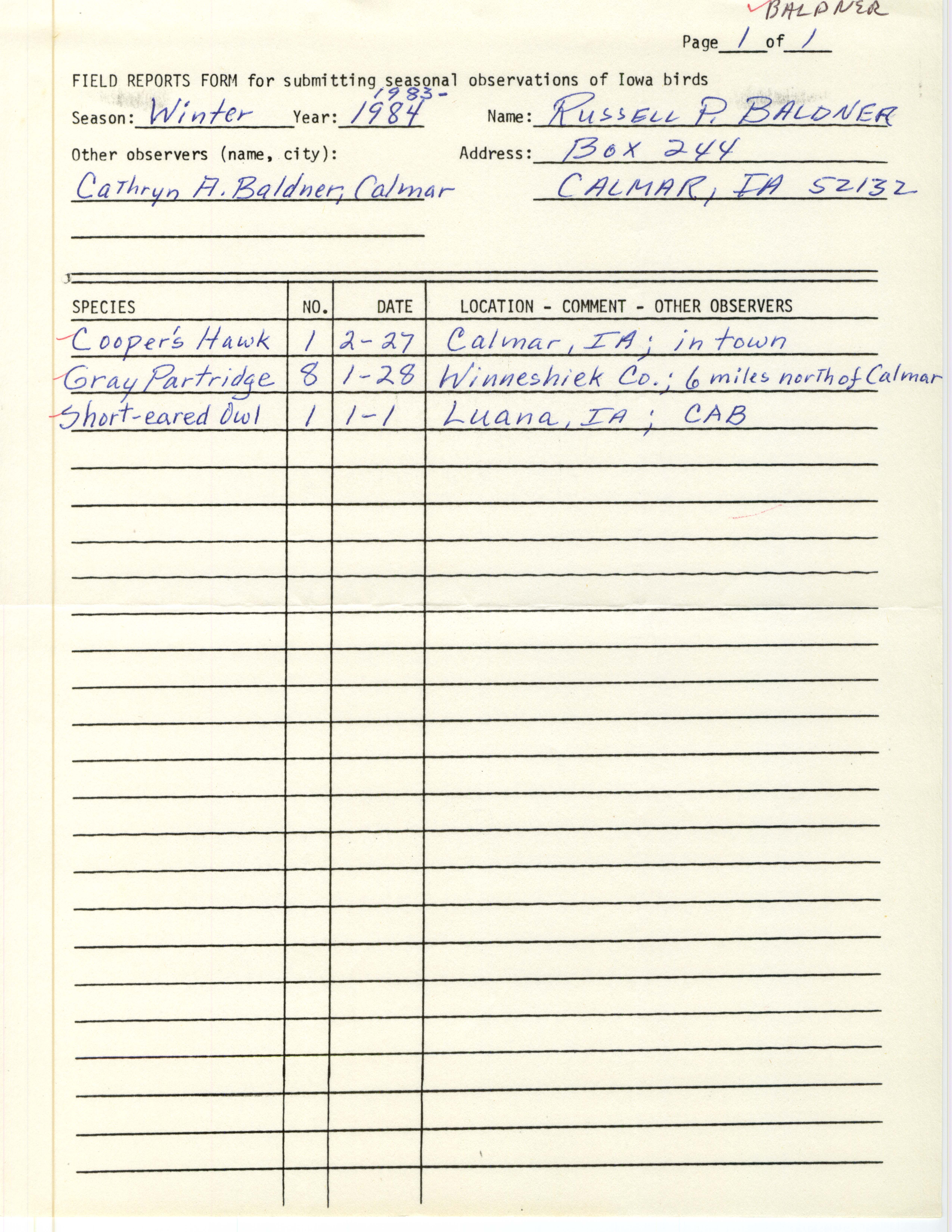 Field notes contributed by Russell P. Baldner, winter 1983-1984