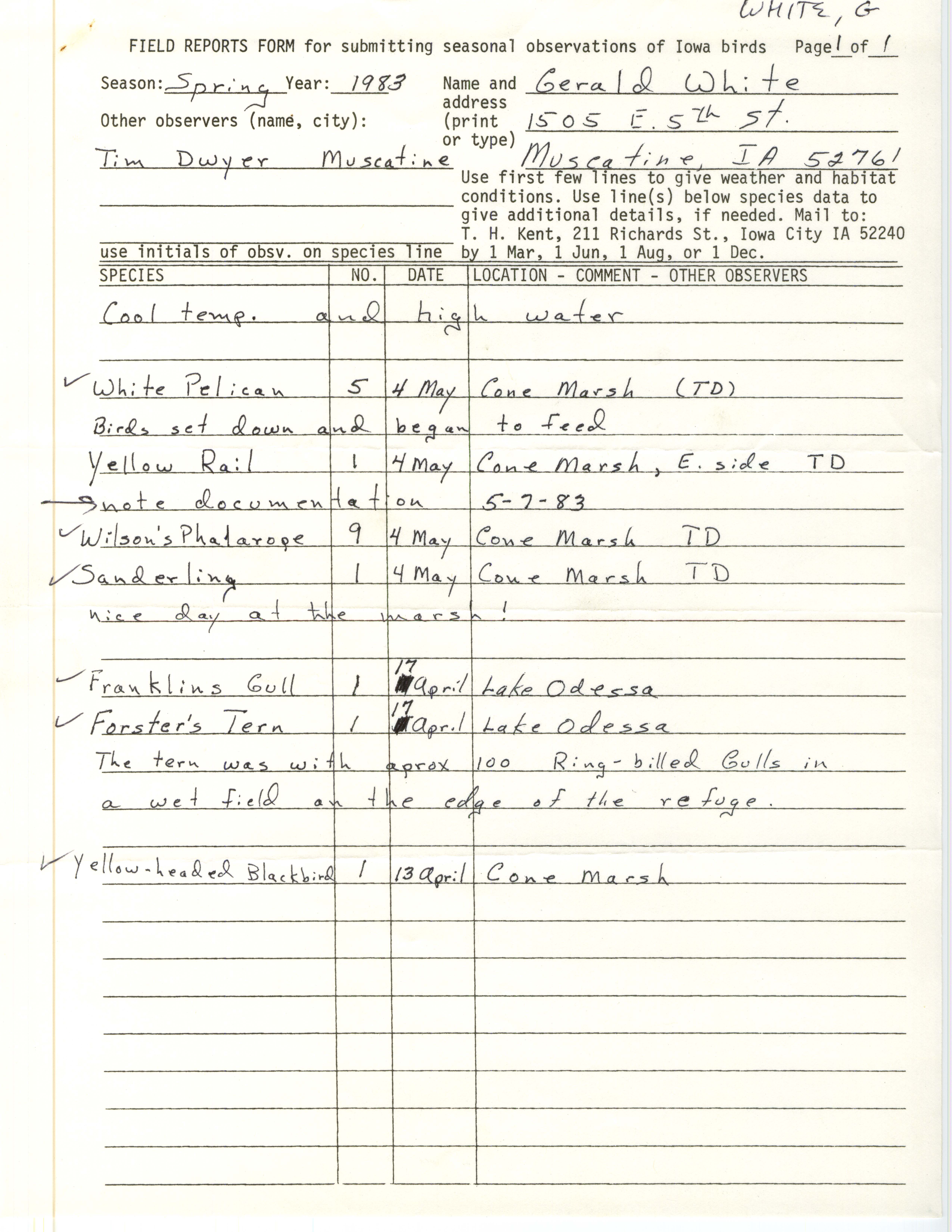 Field reports form for submitting seasonal observations of Iowa birds, Gerald White, spring 1983