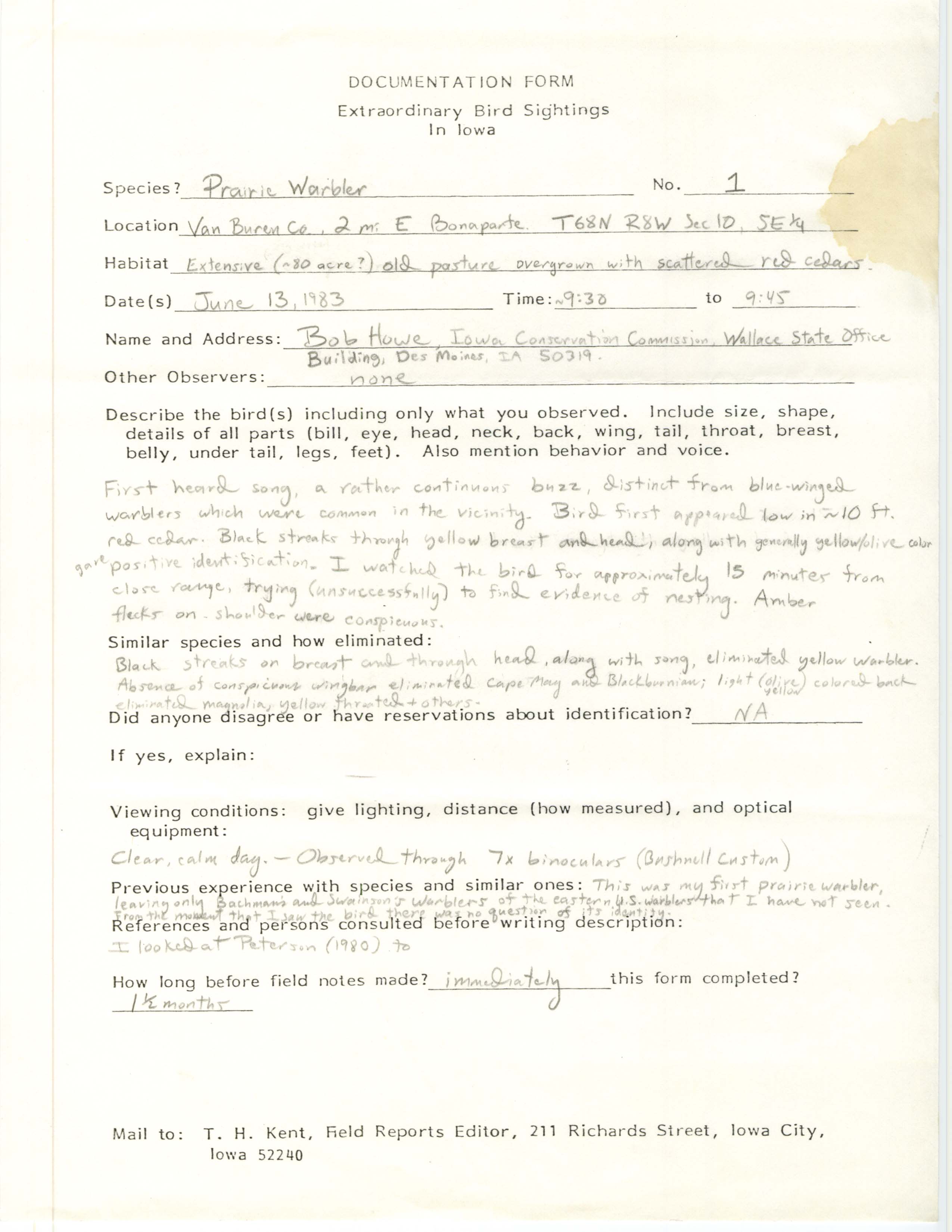 Rare bird documentation form for Prairie Warbler east of Bonaparte, 1983