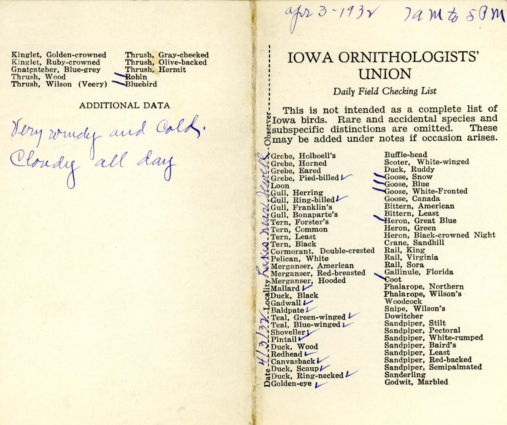 Daily field checking list, Walter Rosene, April 3, 1932 copy