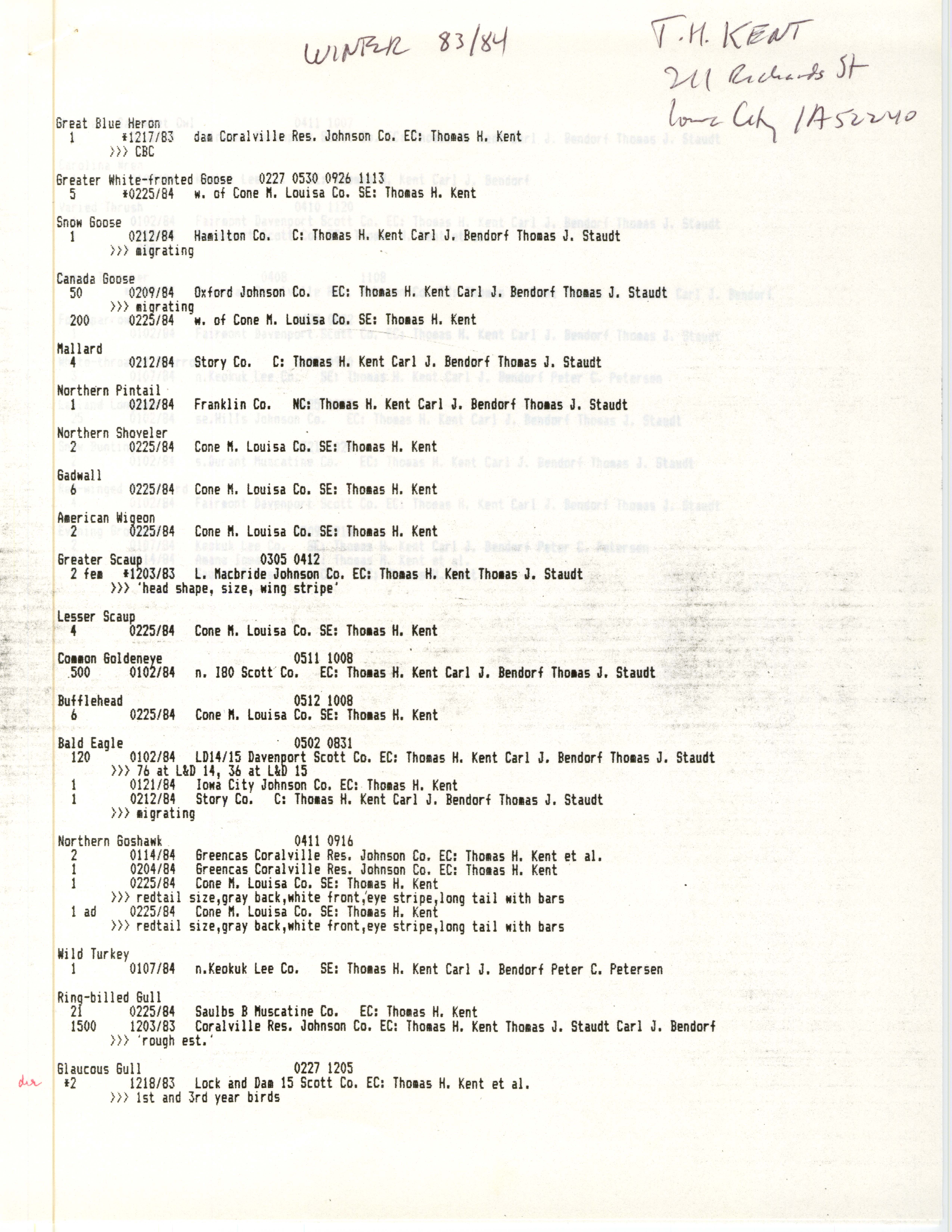 Field reports data contributed by Thomas H. Kent and others, winter 1983-1984