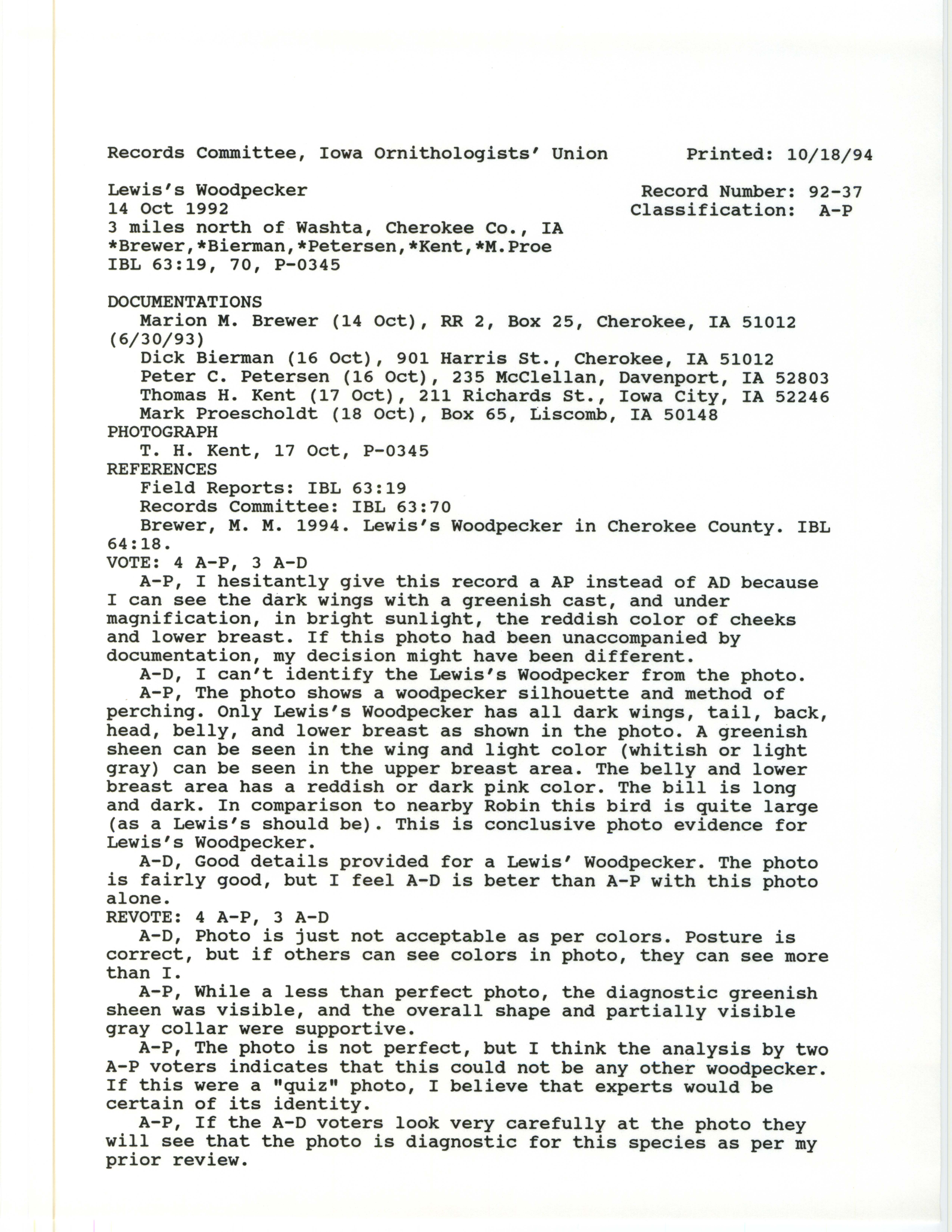 Records Committee review for rare bird sighting for Lewis's Woodpecker north of Washta, 1992