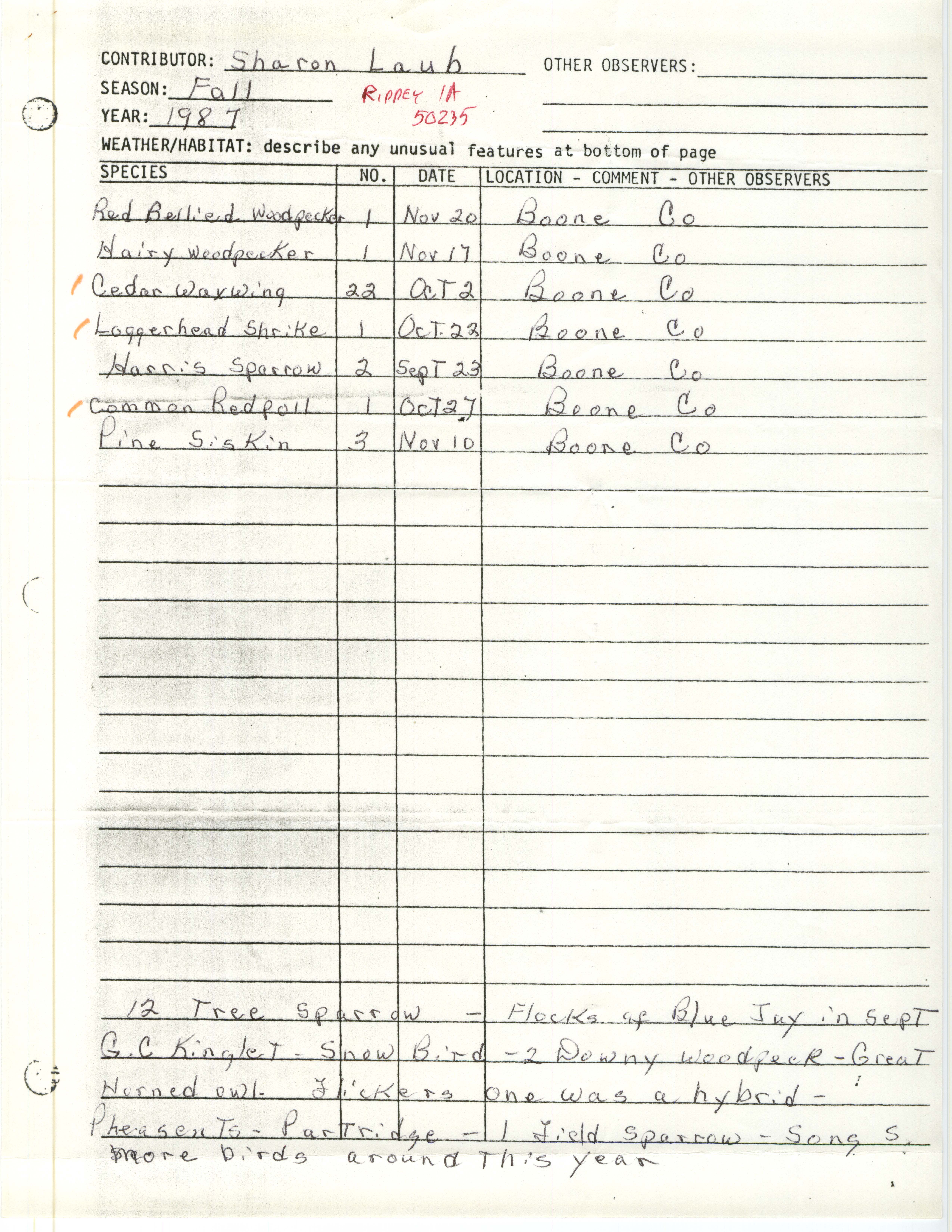 Field notes contributed by Sharon Laub, fall 1987