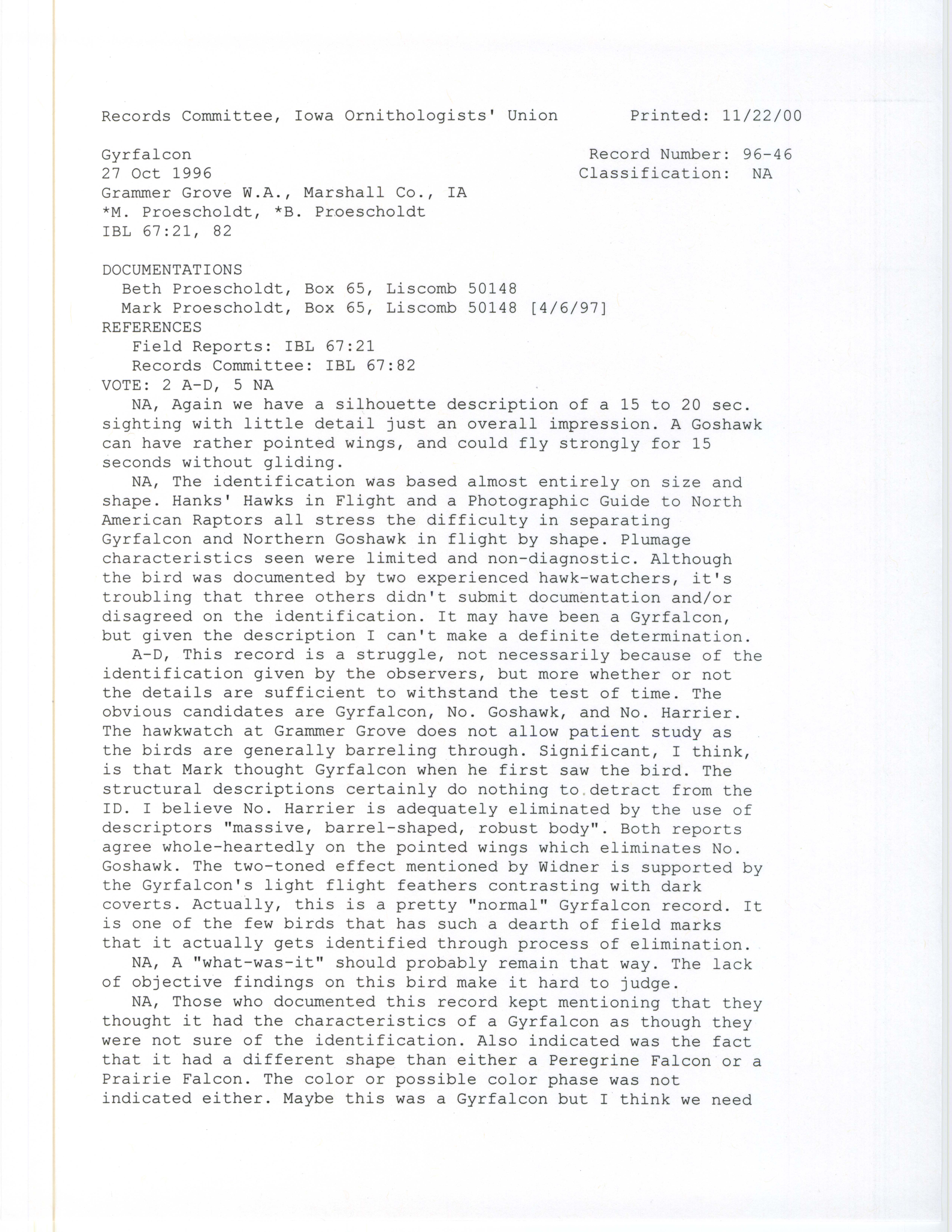 Records Committee review for rare bird sighting of Gyrfalcon at Grammer Grove Wildlife Area, 1996