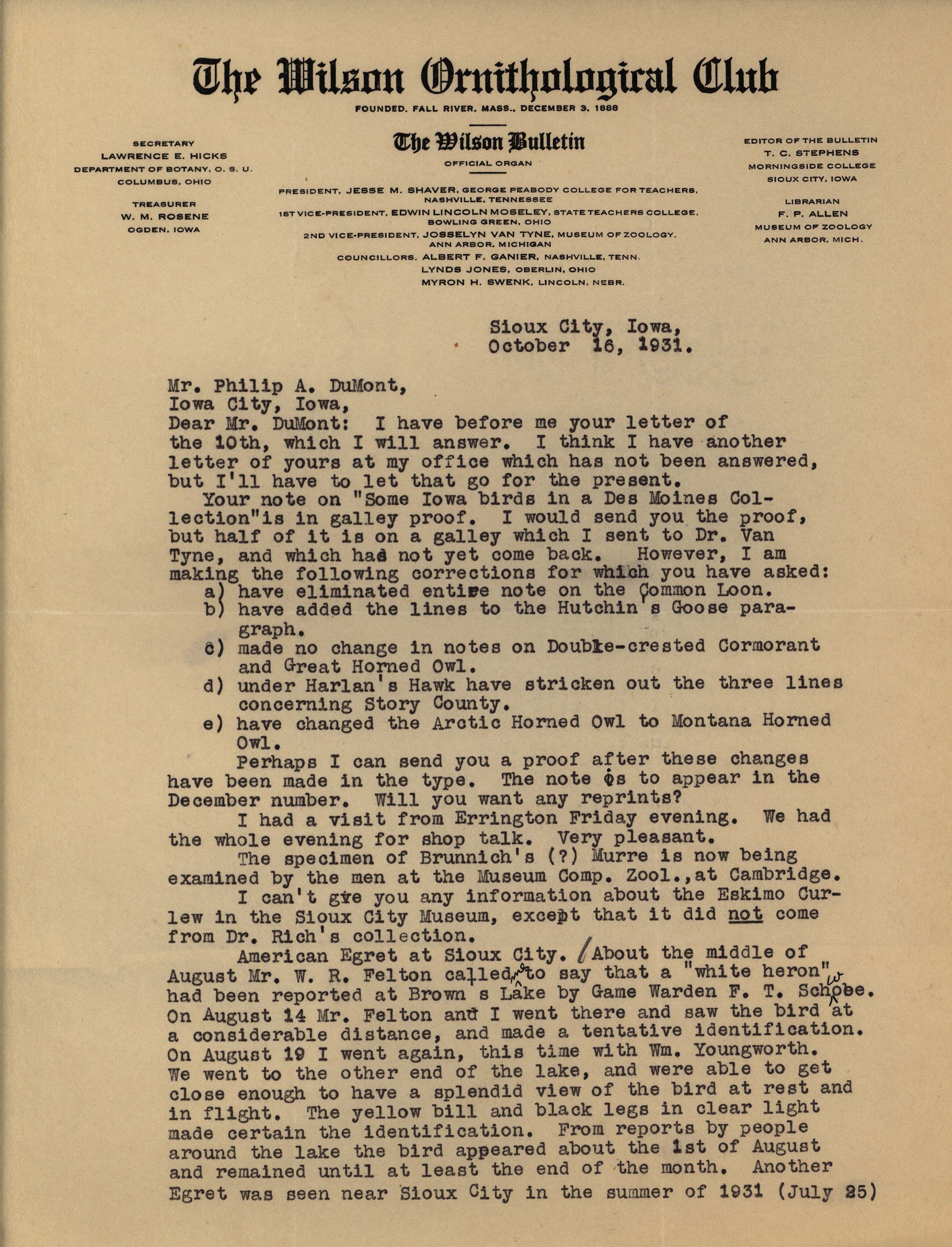 Thomas Stephens letter to Philip DuMont regarding preparing an article for publication, October 16, 1931