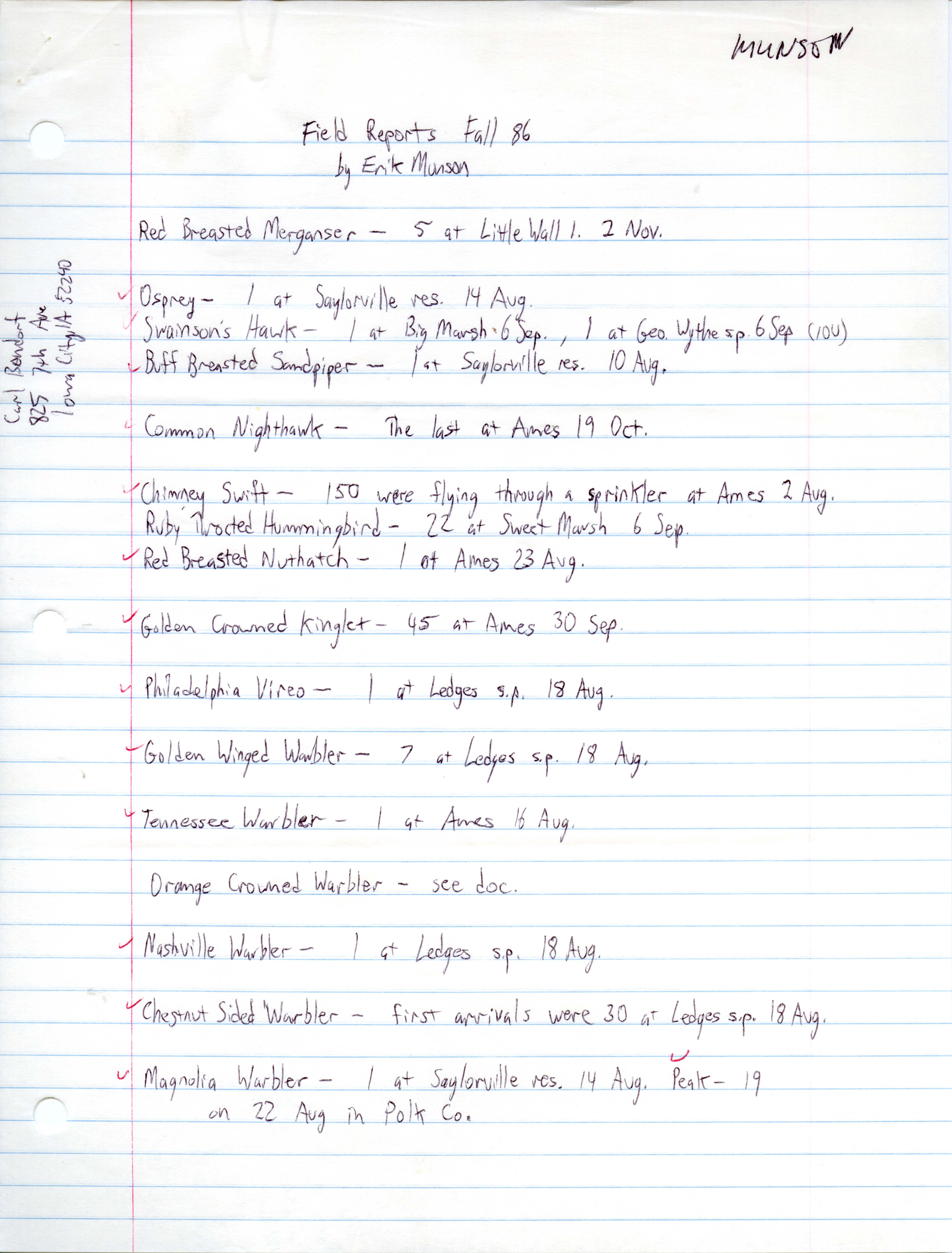 Field notes contributed by Erik Munson, fall 1986