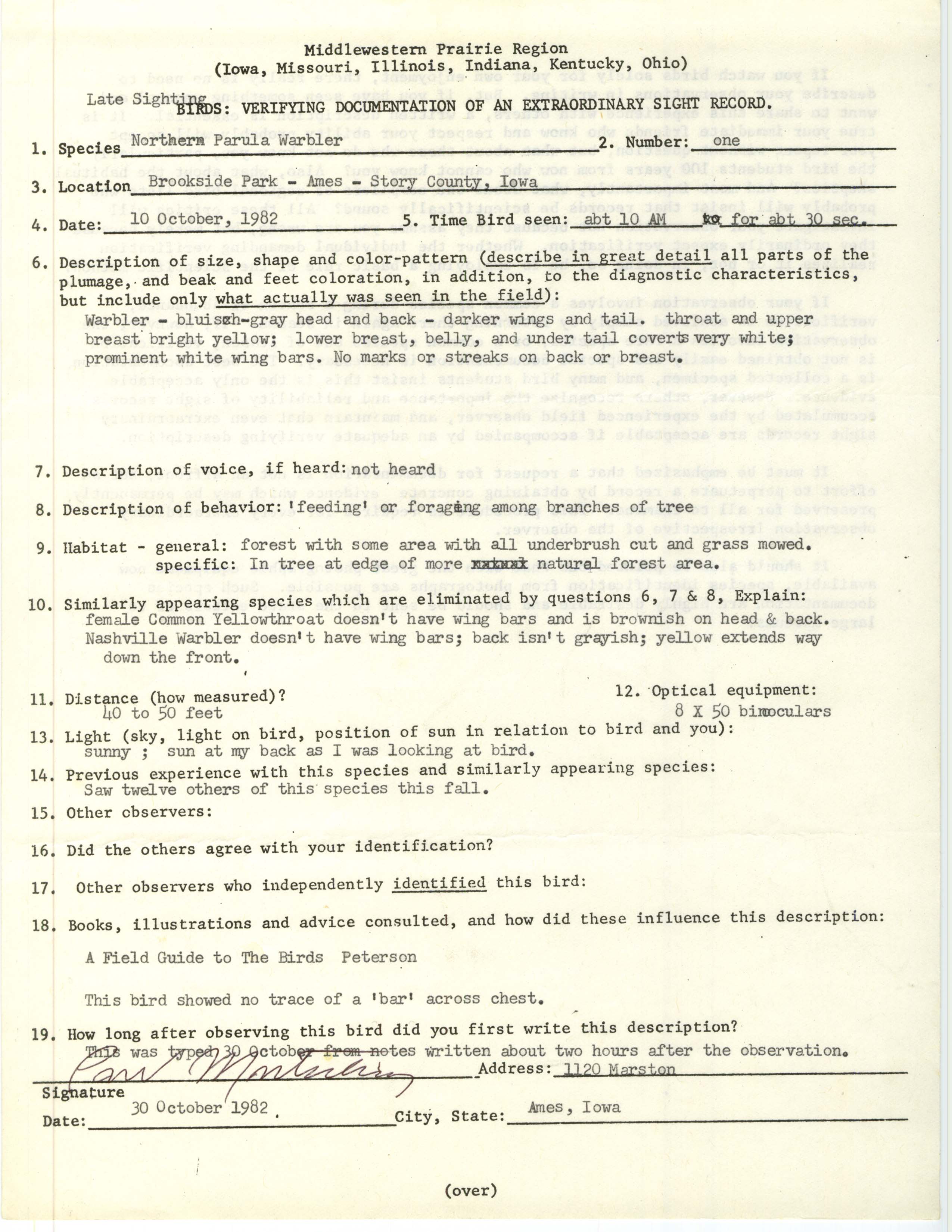 Rare bird documentation form for Northern Parula at Brookside Park in Ames, 1982