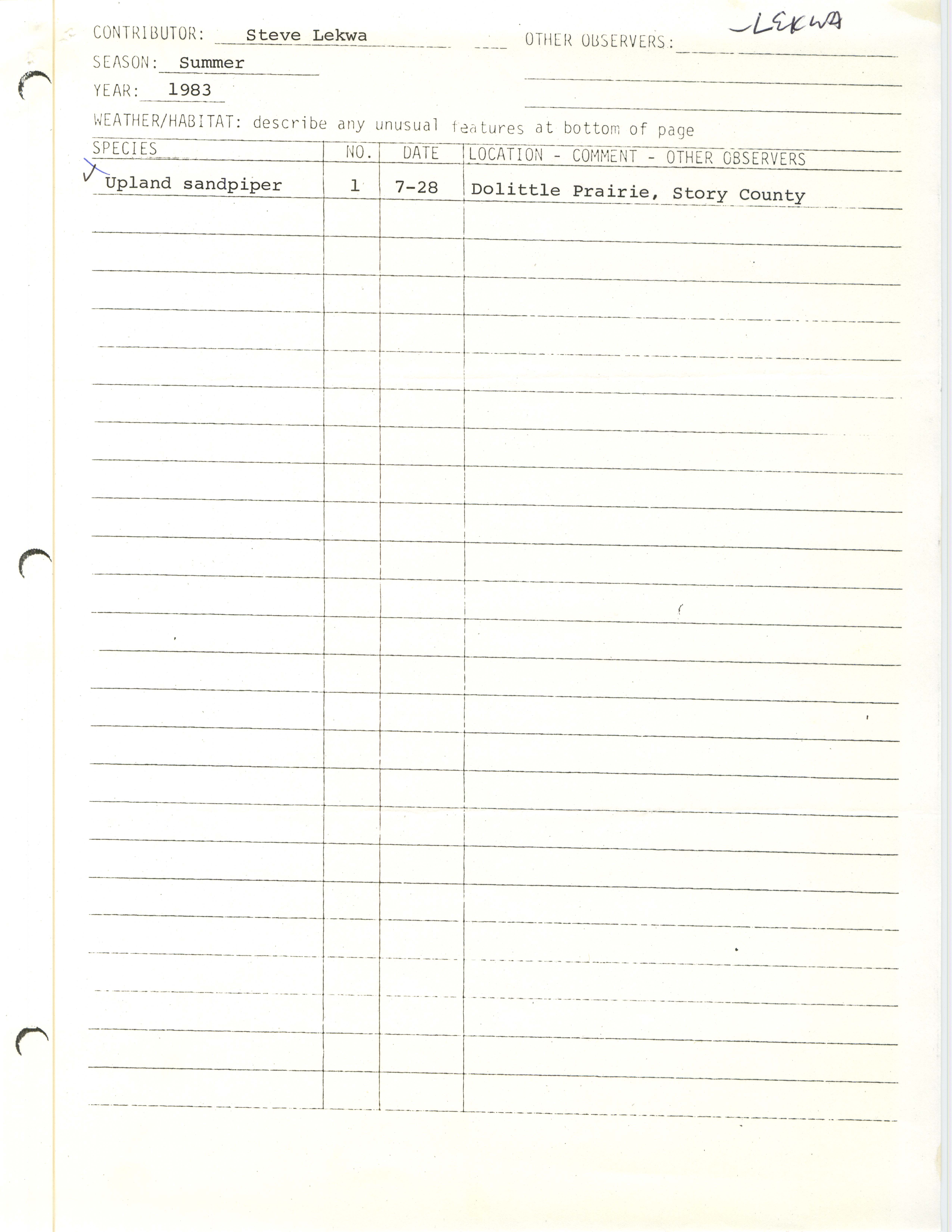 Annotated bird sighting list for Summer 1983 compiled by Steve Lekwa
