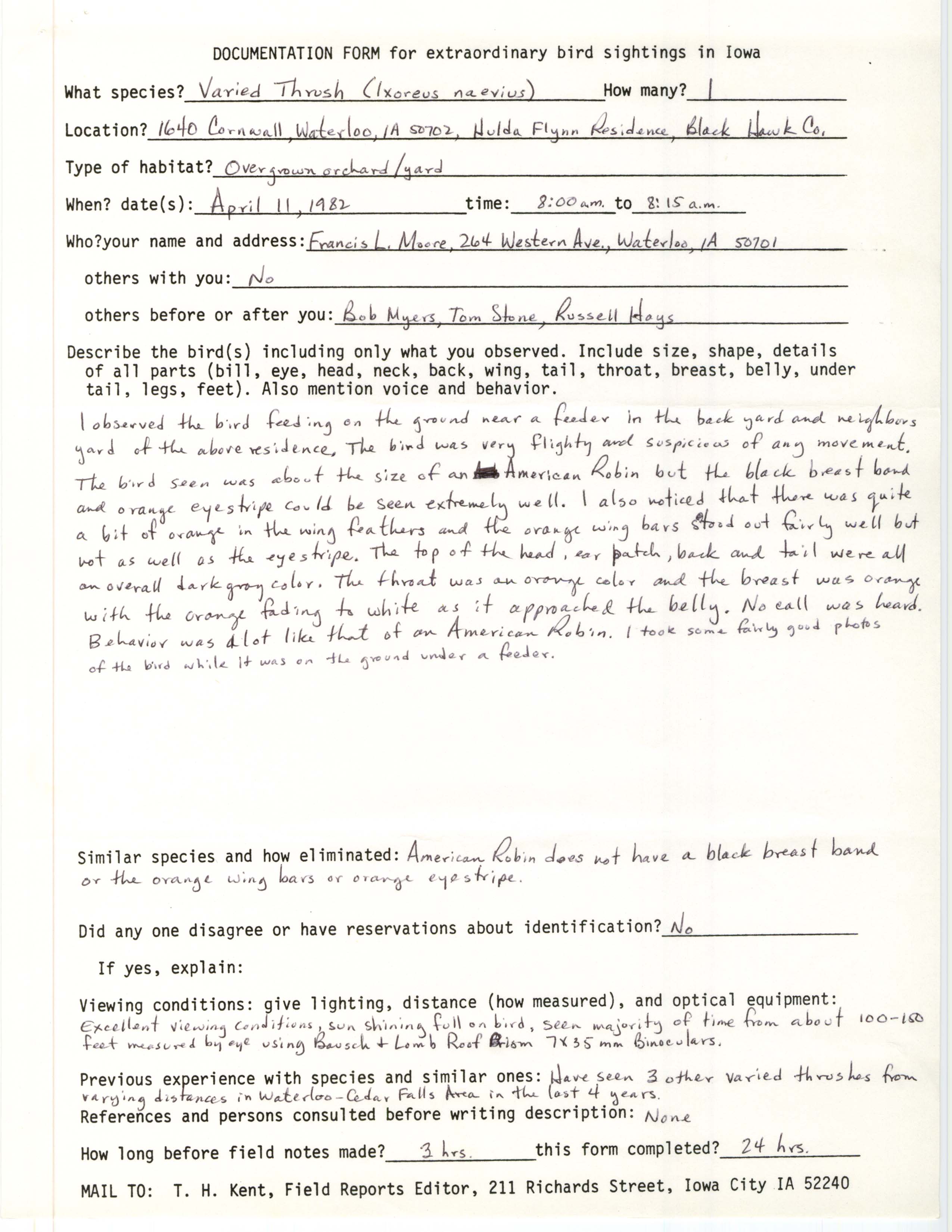Rare bird documentation form for Varied Thrush at Waterloo in 1982