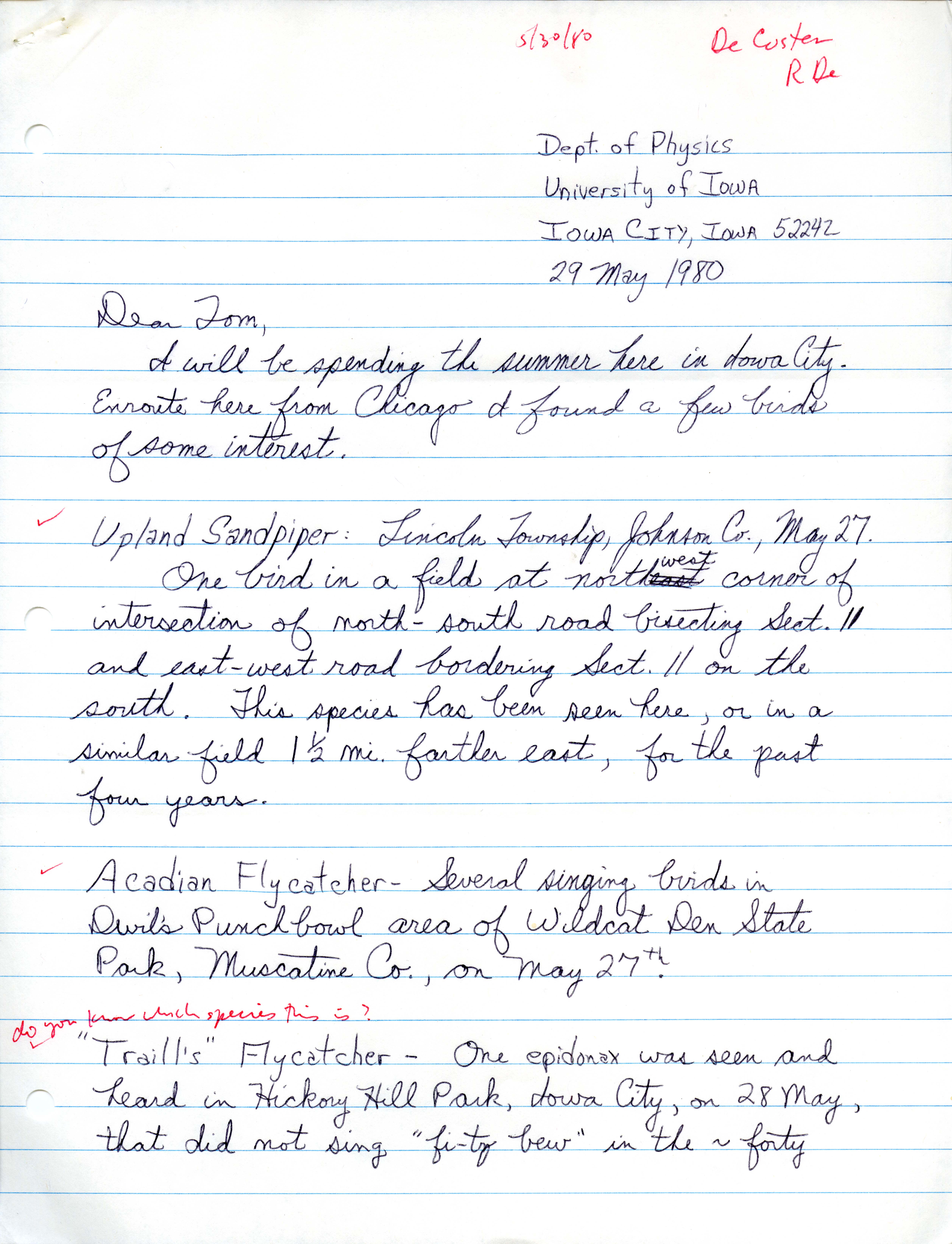 Rich DeCoster letter to Thomas H. Kent regarding bird sightings, May 29, 1980