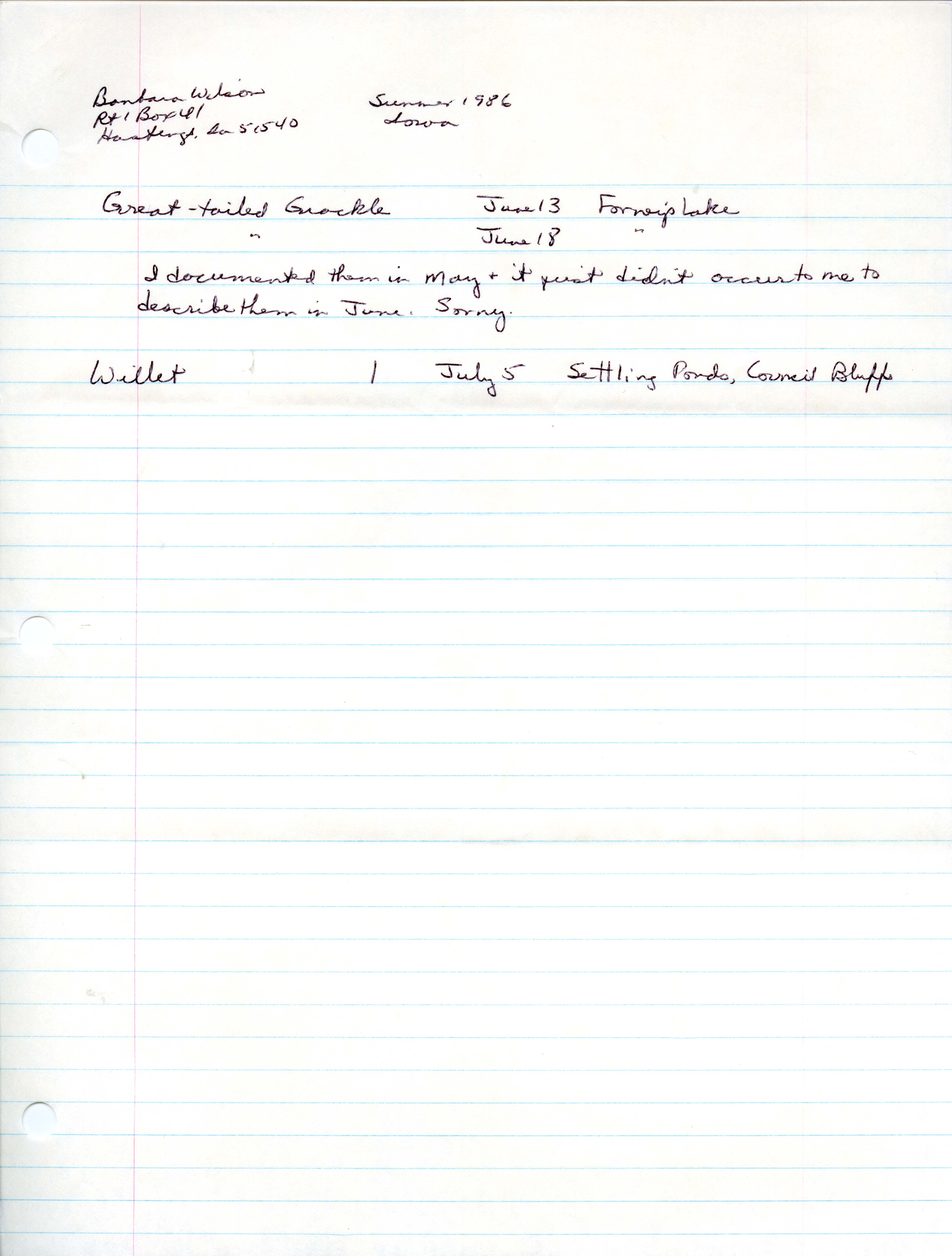 Field notes contributed by Barbara L. Wilson, summer 1986