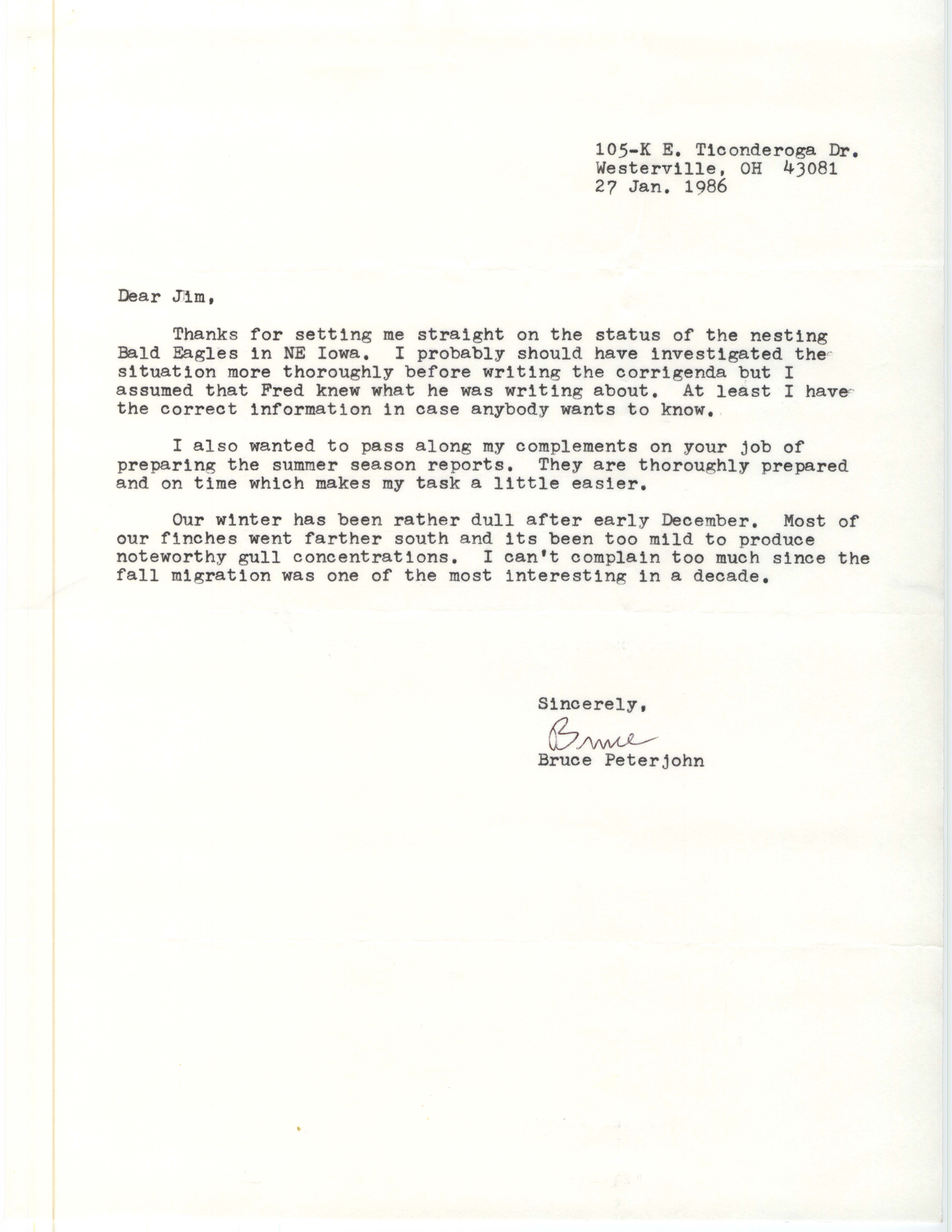 Bruce G. Peterjohn letter to James J. Dinsmore regarding his Bald Eagle nest letter, January 27, 1986