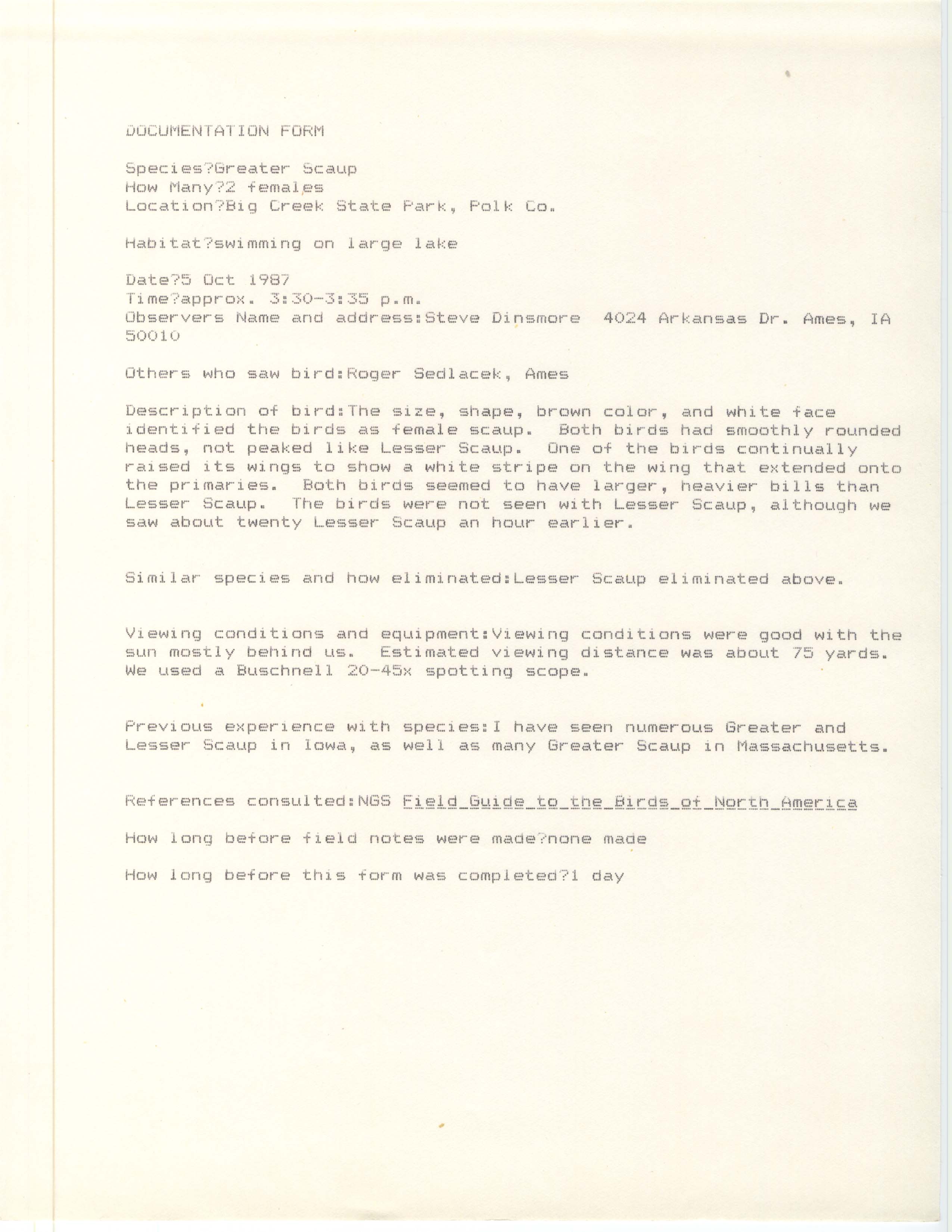 Rare bird documentation form for Greater Scaup at Big Creek State Park, 1987