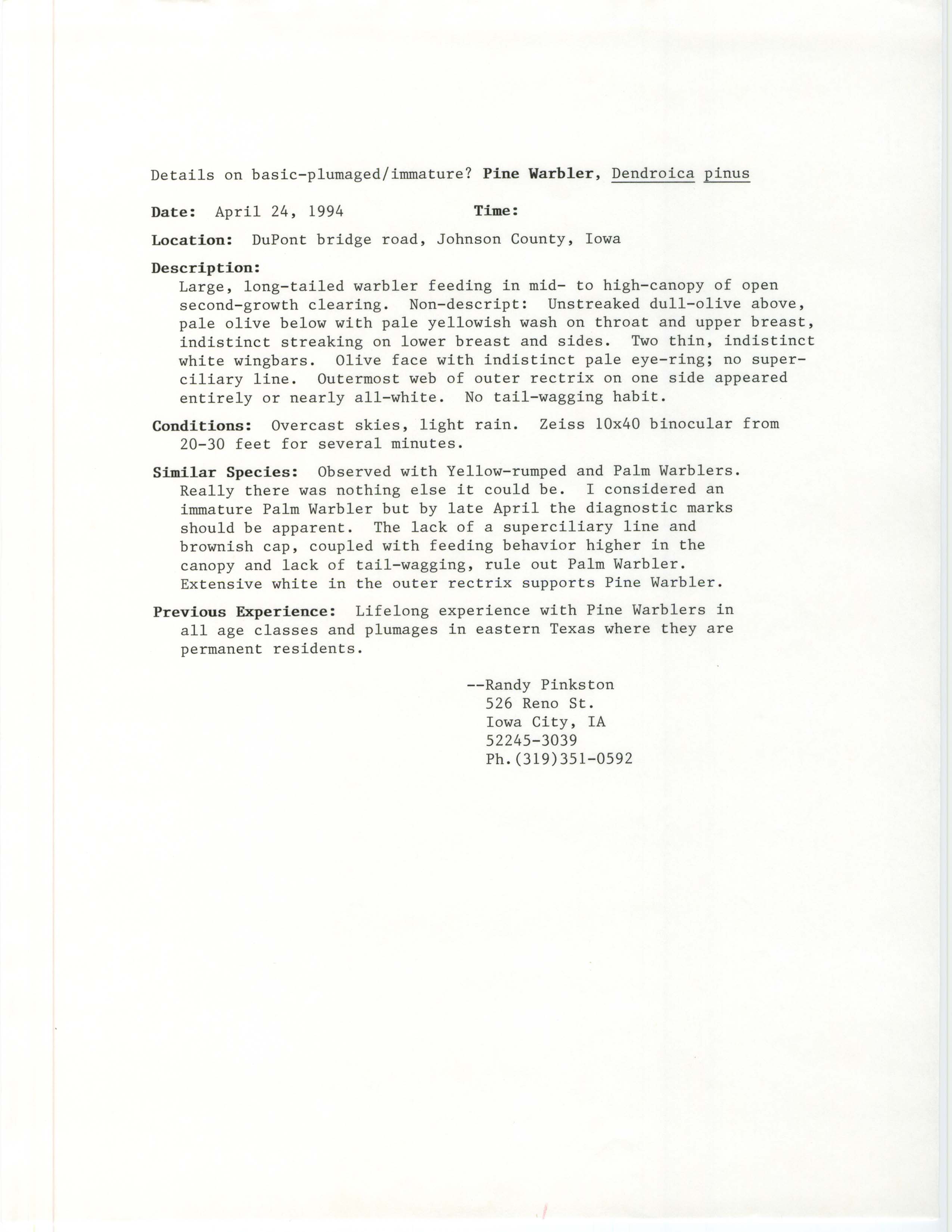Rare bird documentation form for Pine Warbler at Hawkeye Wildlife Management Area, 1994
