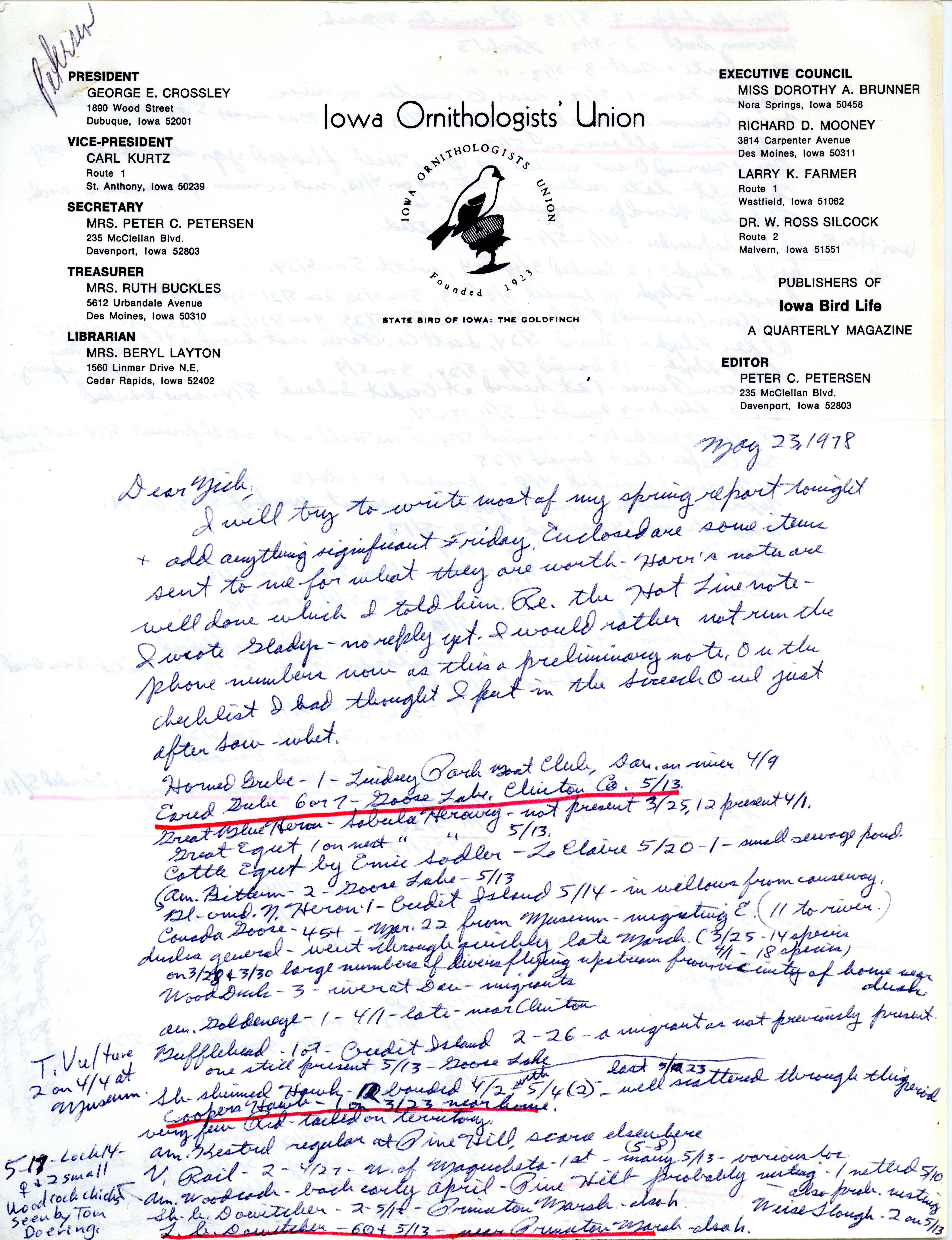 Peter C. Petersen letter to Nicholas S. Halmi regarding bird sightings, May 23, 1978