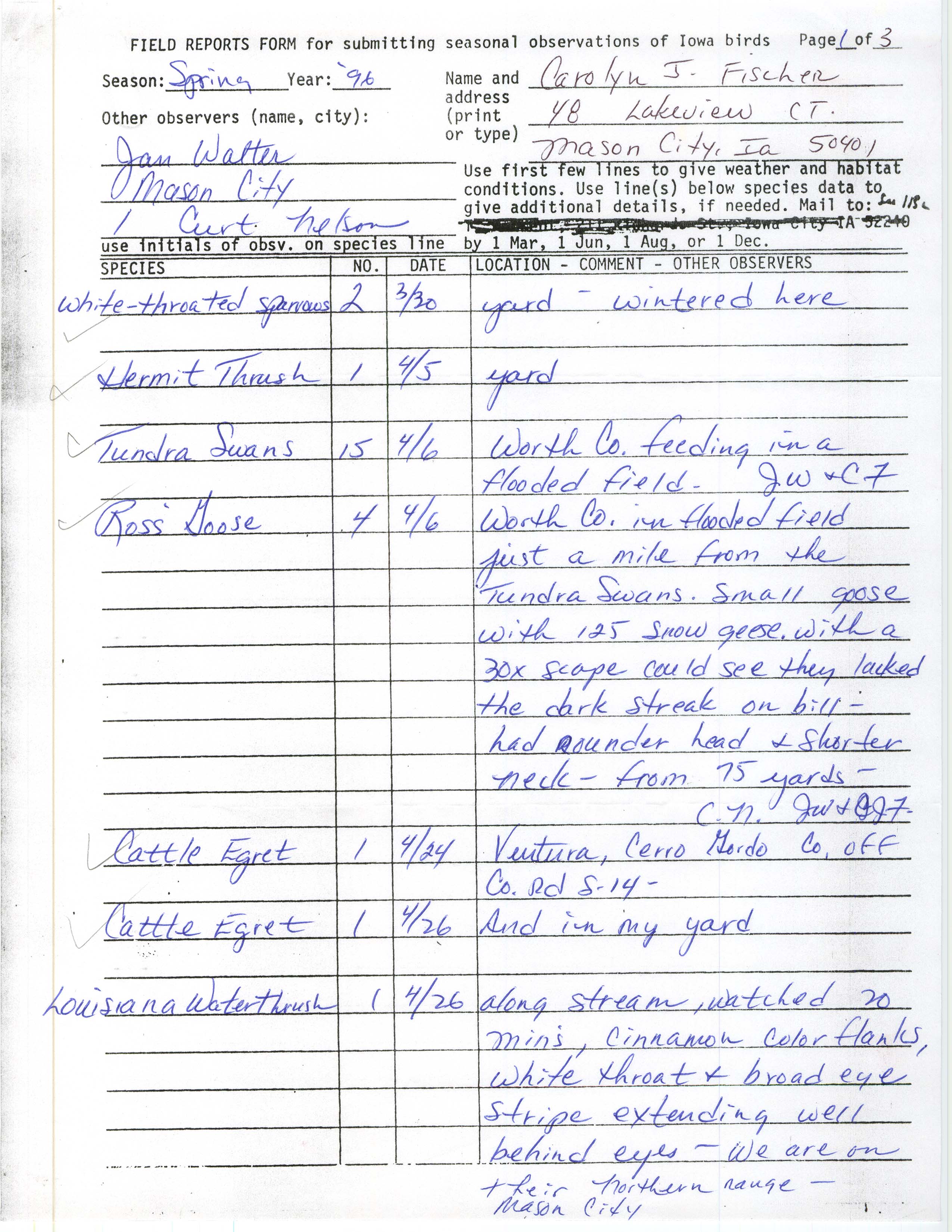 Field reports form for submitting seasonal observations of Iowa birds, Carolyn J. Fischer, spring 1996