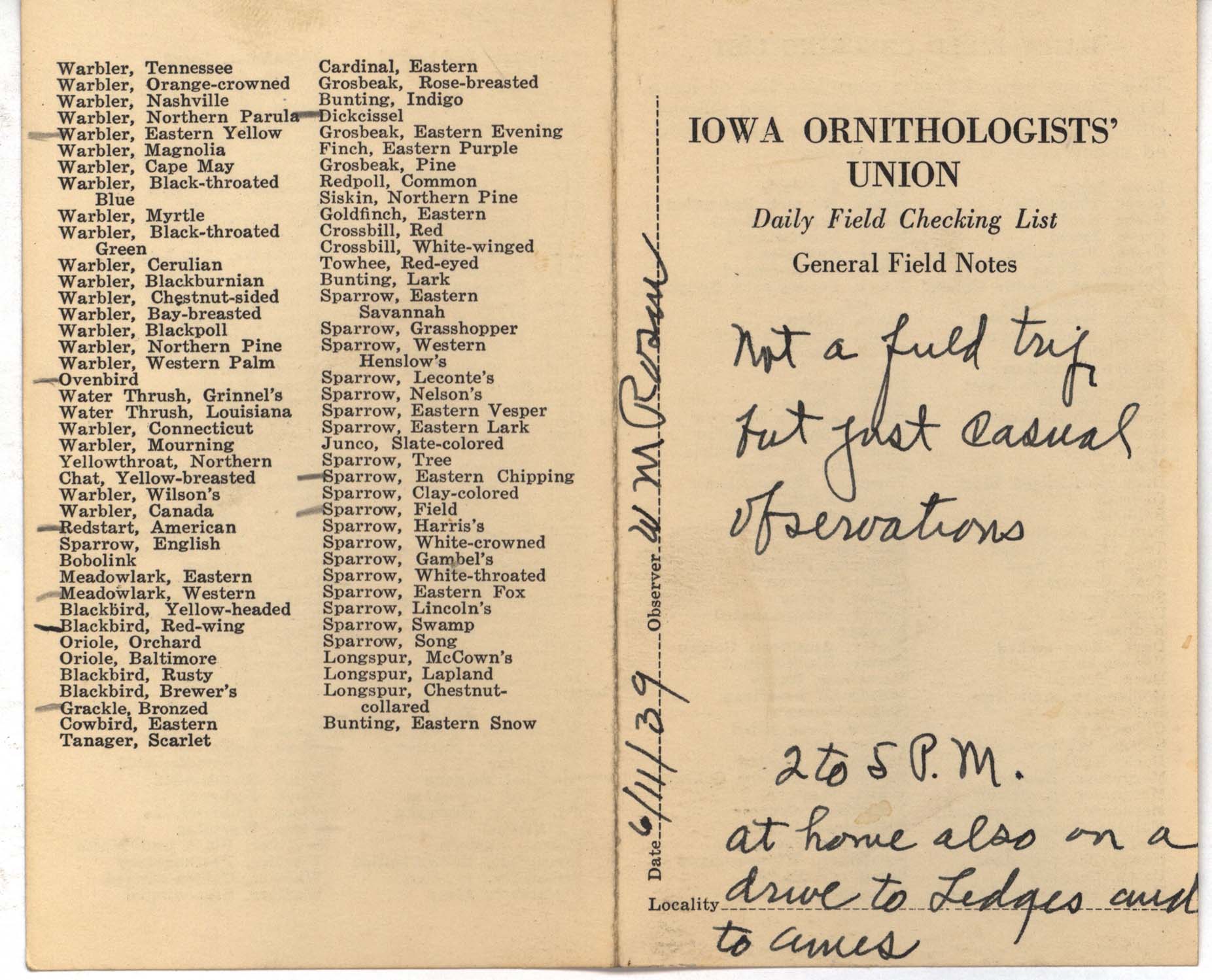 Daily field checking list by Walter Rosene, June 11, 1939