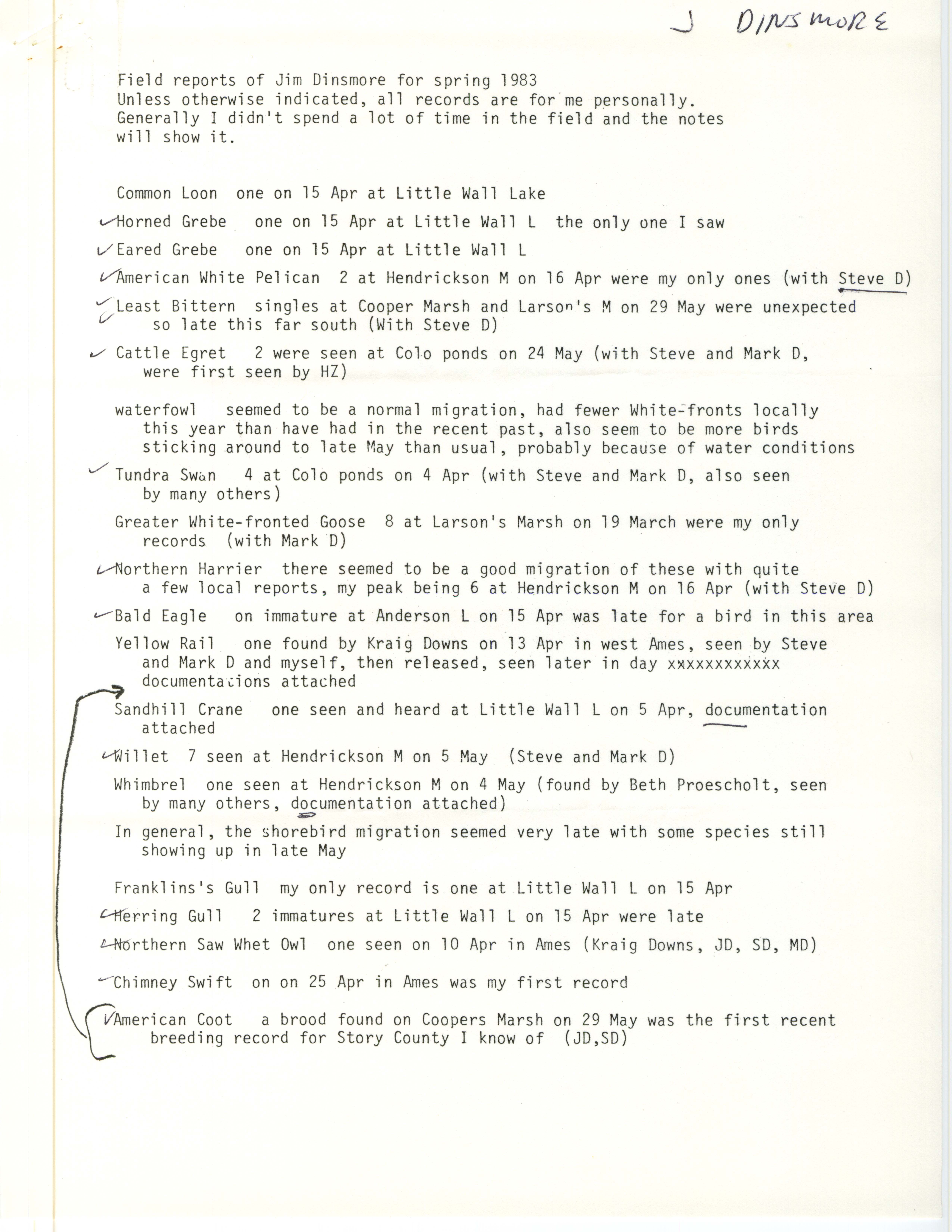 Field notes contributed by James J. Dinsmore, spring 1983