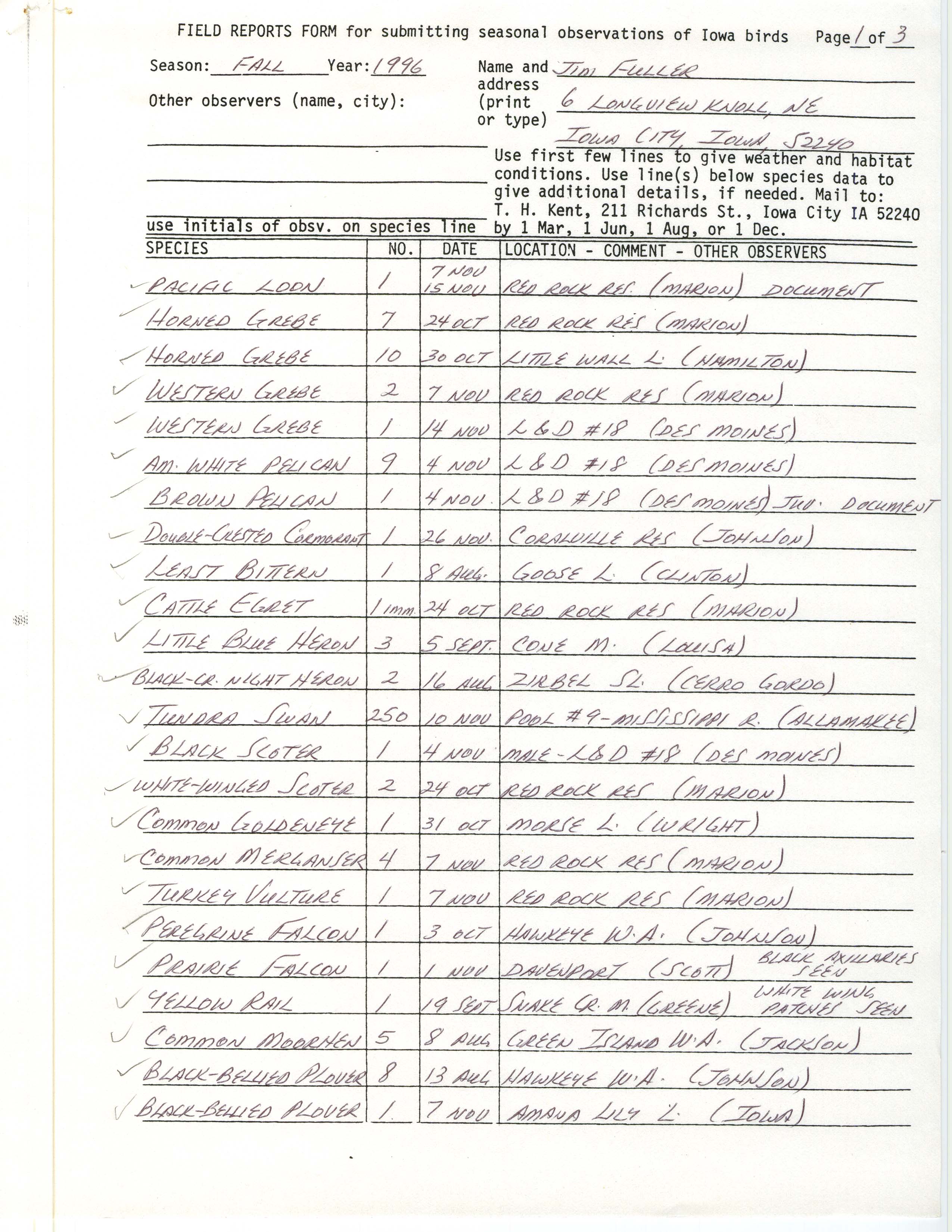 Field reports form for submitting seasonal observations of Iowa birds, James L. Fuller, fall 1996