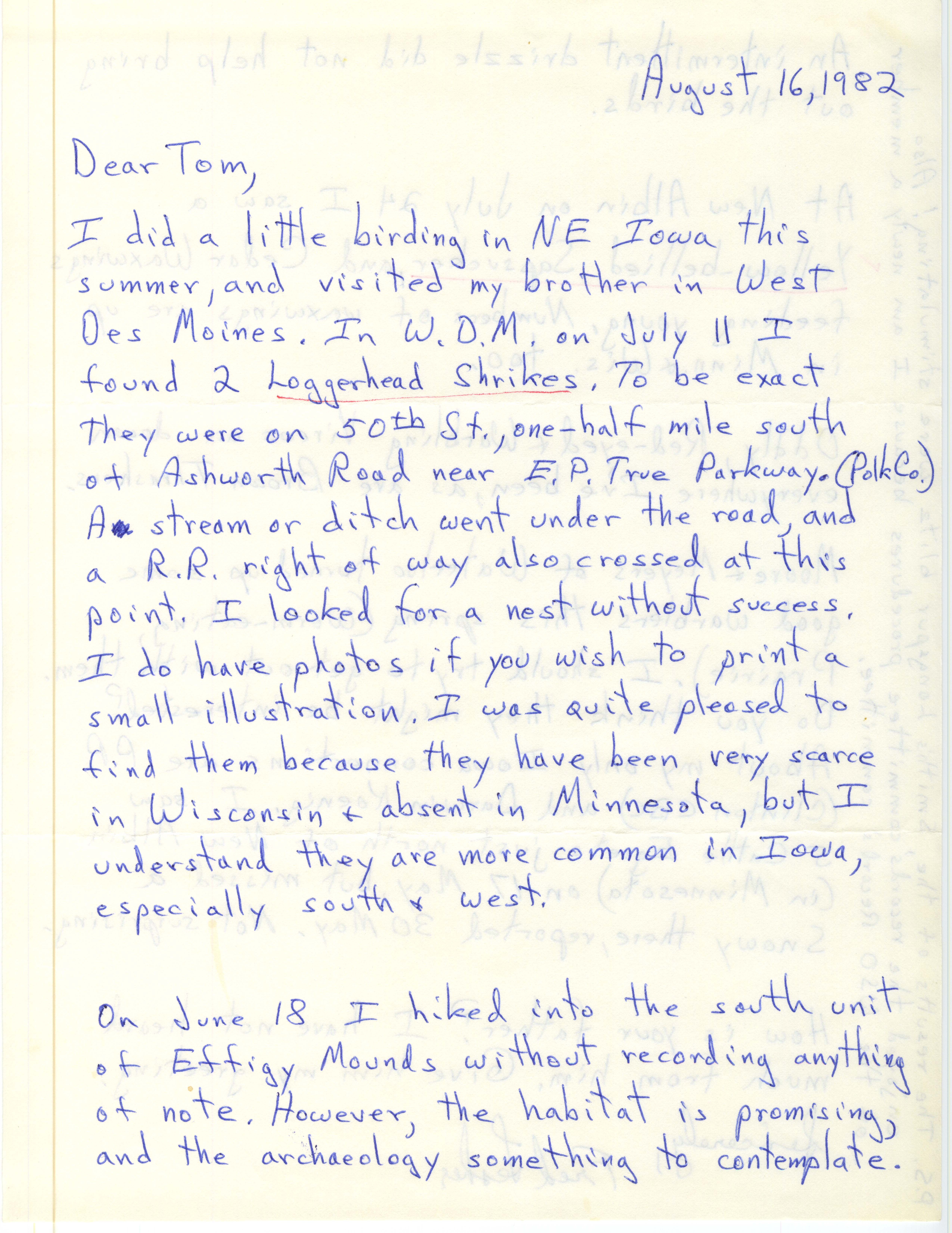 Fred Lesher letter to Thomas H. Kent regarding bird sightings in West Des Moines, Iowa, August 16, 1982