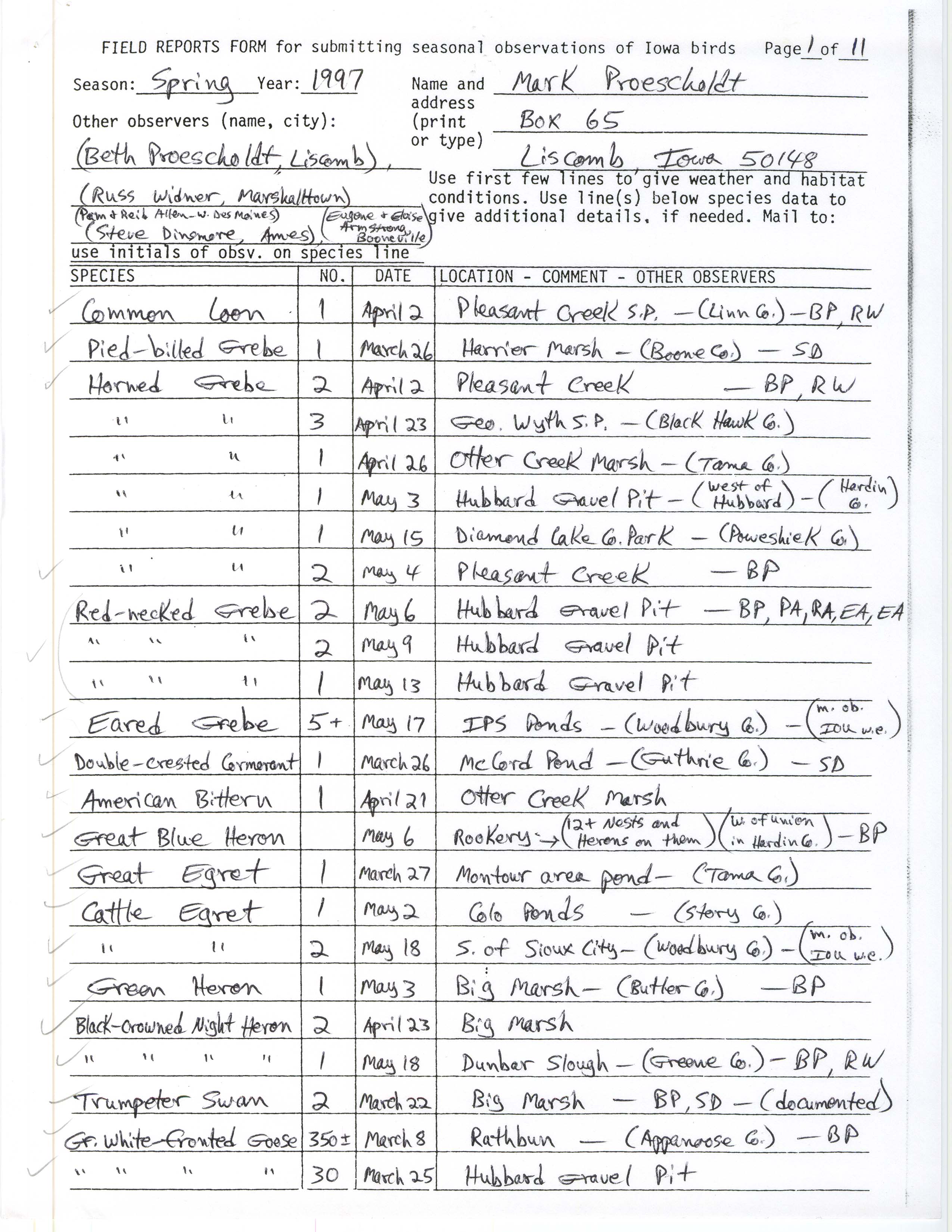 Field reports form for submitting seasonal observations of Iowa birds, Mark Proescholdt, spring 1997