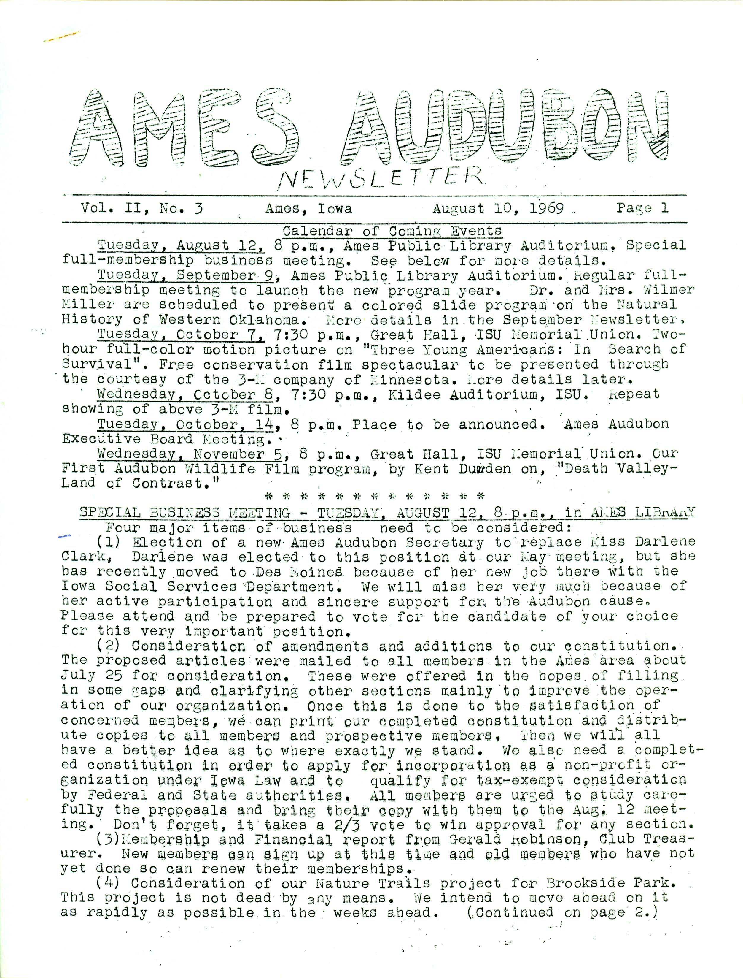 Ames Audubon Newsletter, Volume 2, Number 3, August 10, 1969