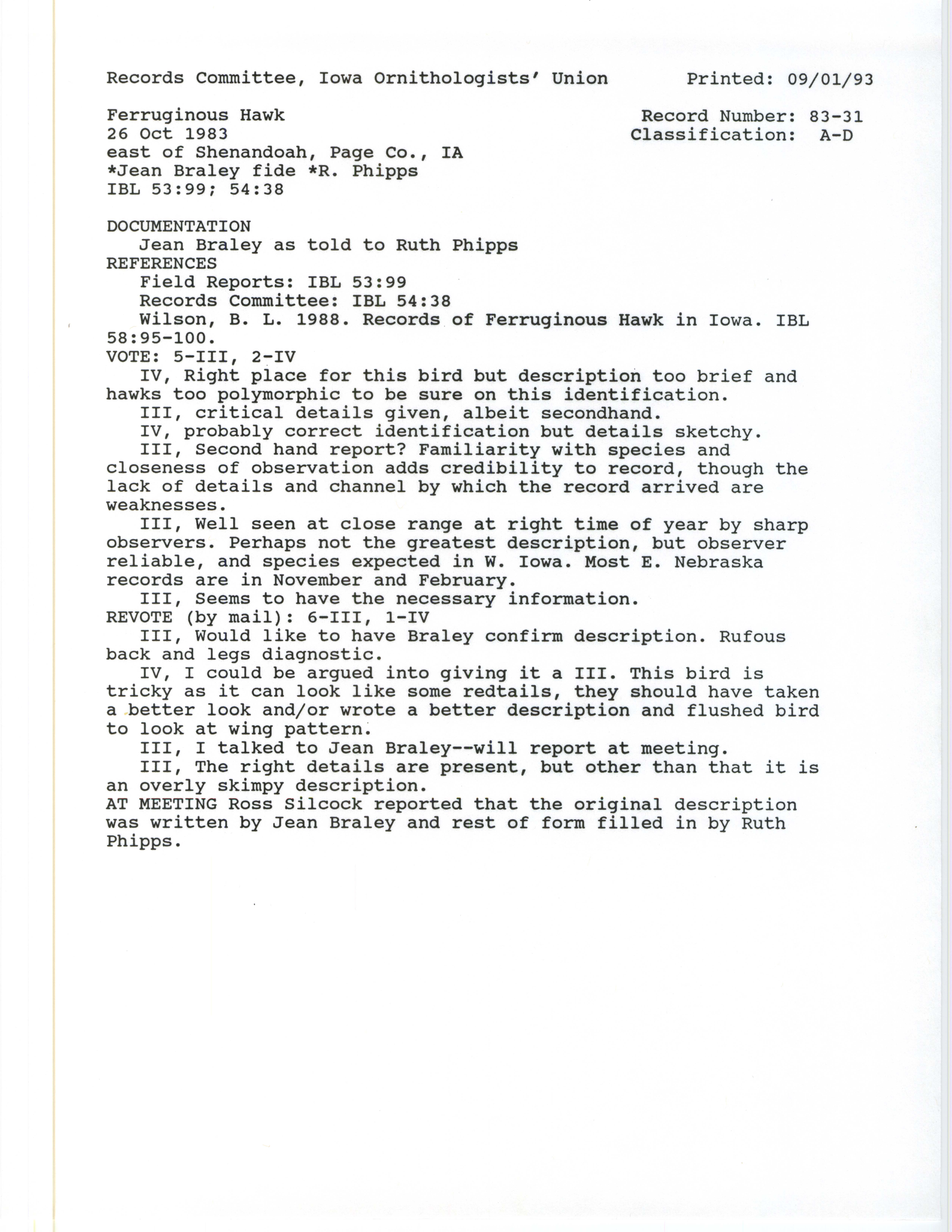 Records Committee review for rare bird sighting of Ferruginous Hawk east of Shenandoah, 1983