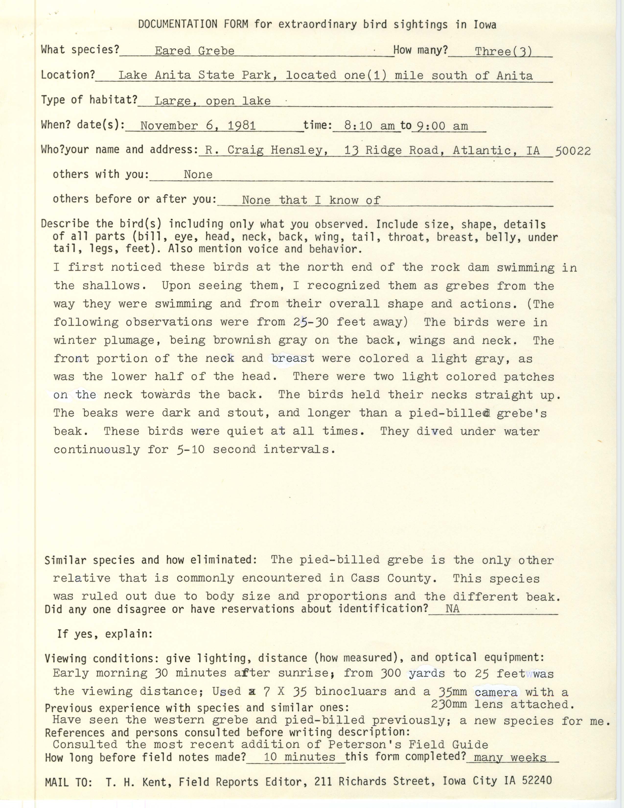 Rare bird documentation form for Eared Grebe at Lake Anita State Park, 1981