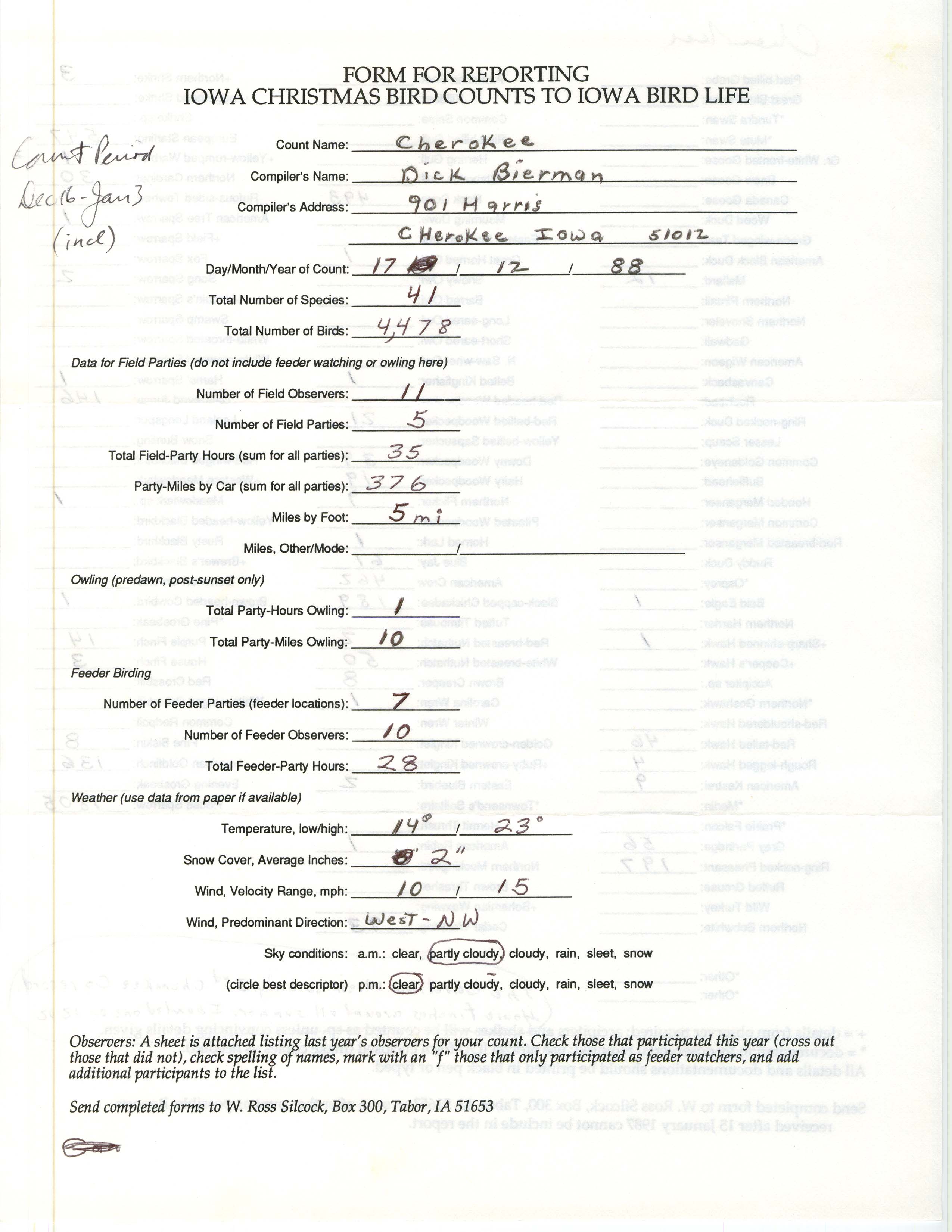 Form for reporting Iowa Christmas bird counts to Iowa Bird Life, Dick Bierman, December 17, 1988