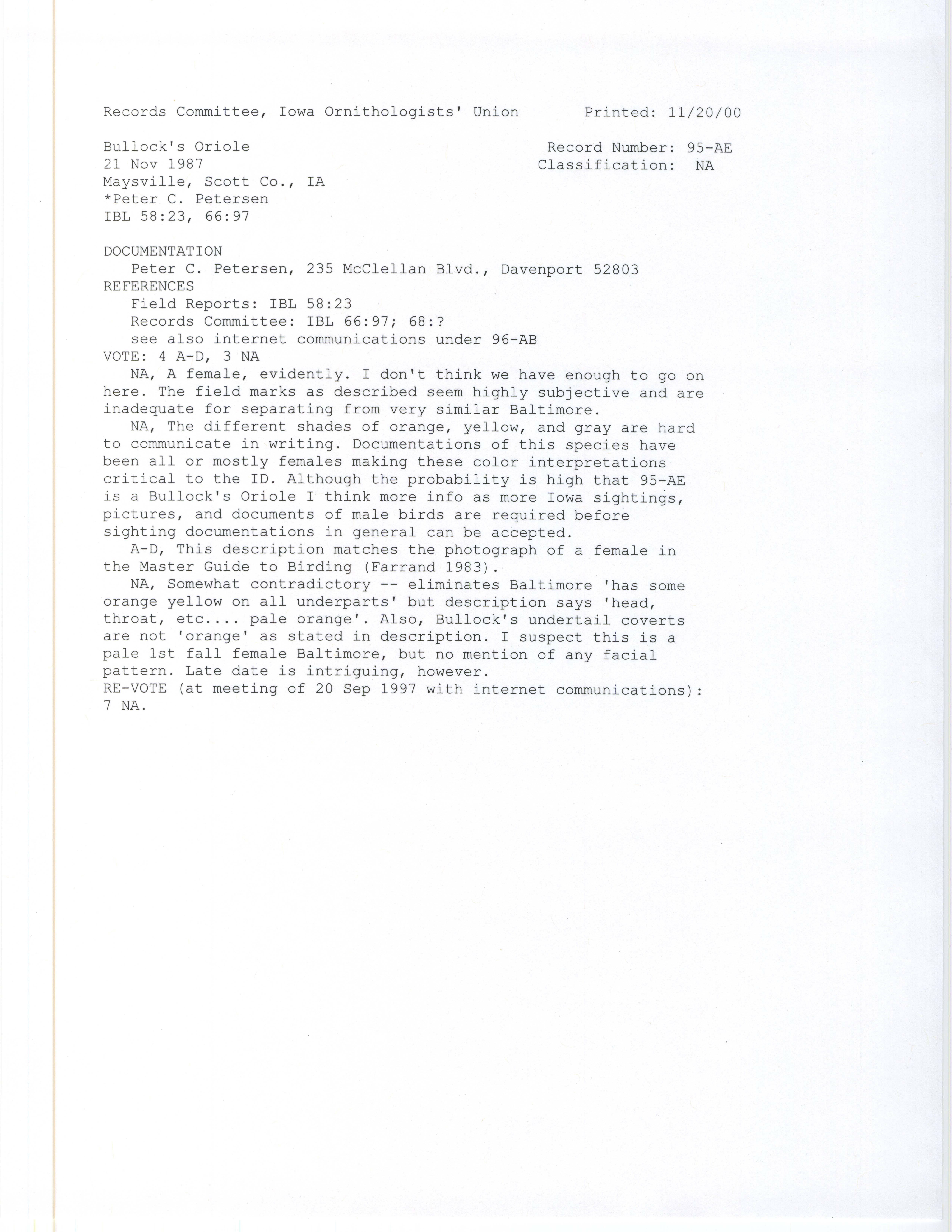 Records Committee review for rare bird sighting for Bullock's Oriole at Maysville, 1987