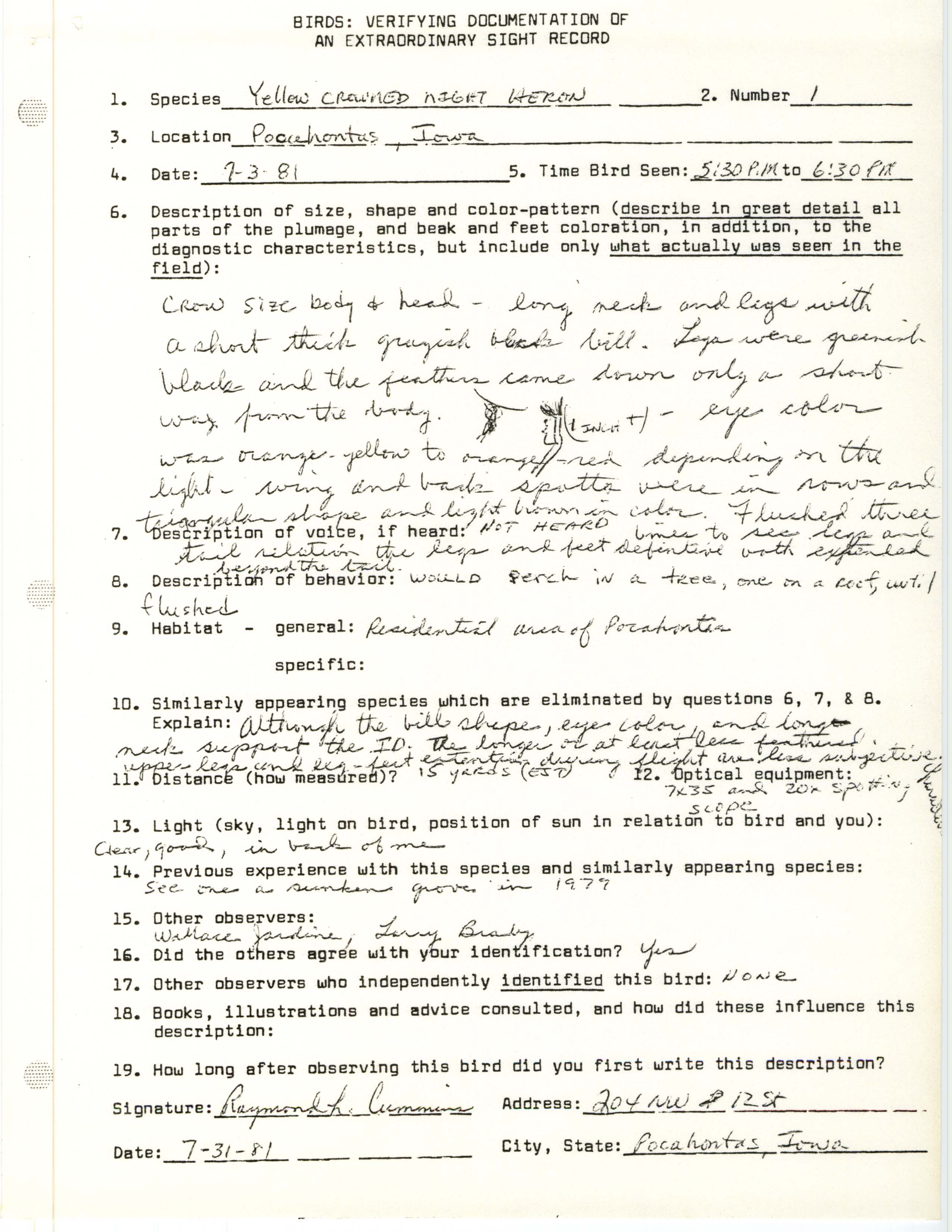 Rare bird documentation form for Yellow-crowned Night Heron at Pocahontas, 1981
