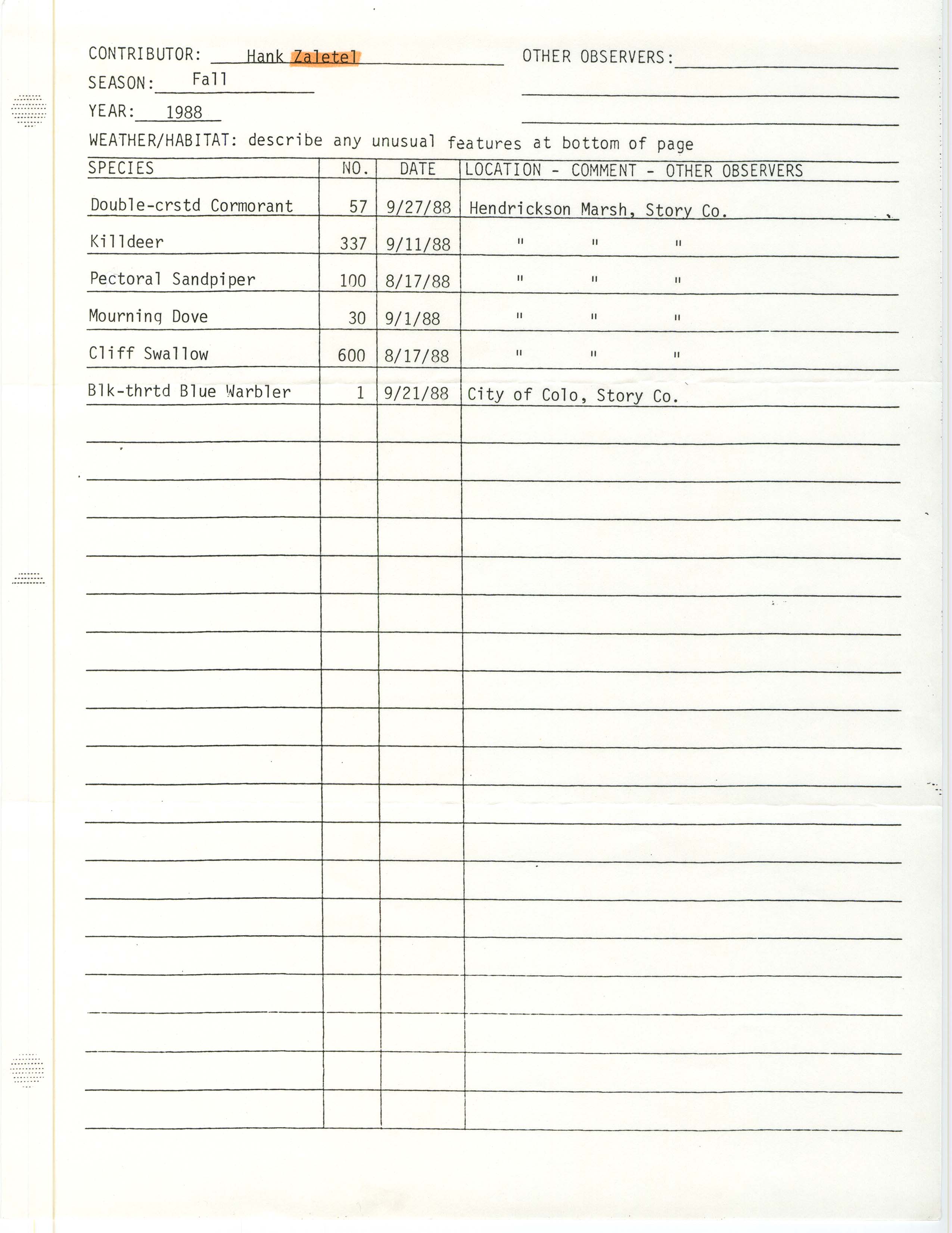 Field notes contributed by Hank Zaletel, fall 1988