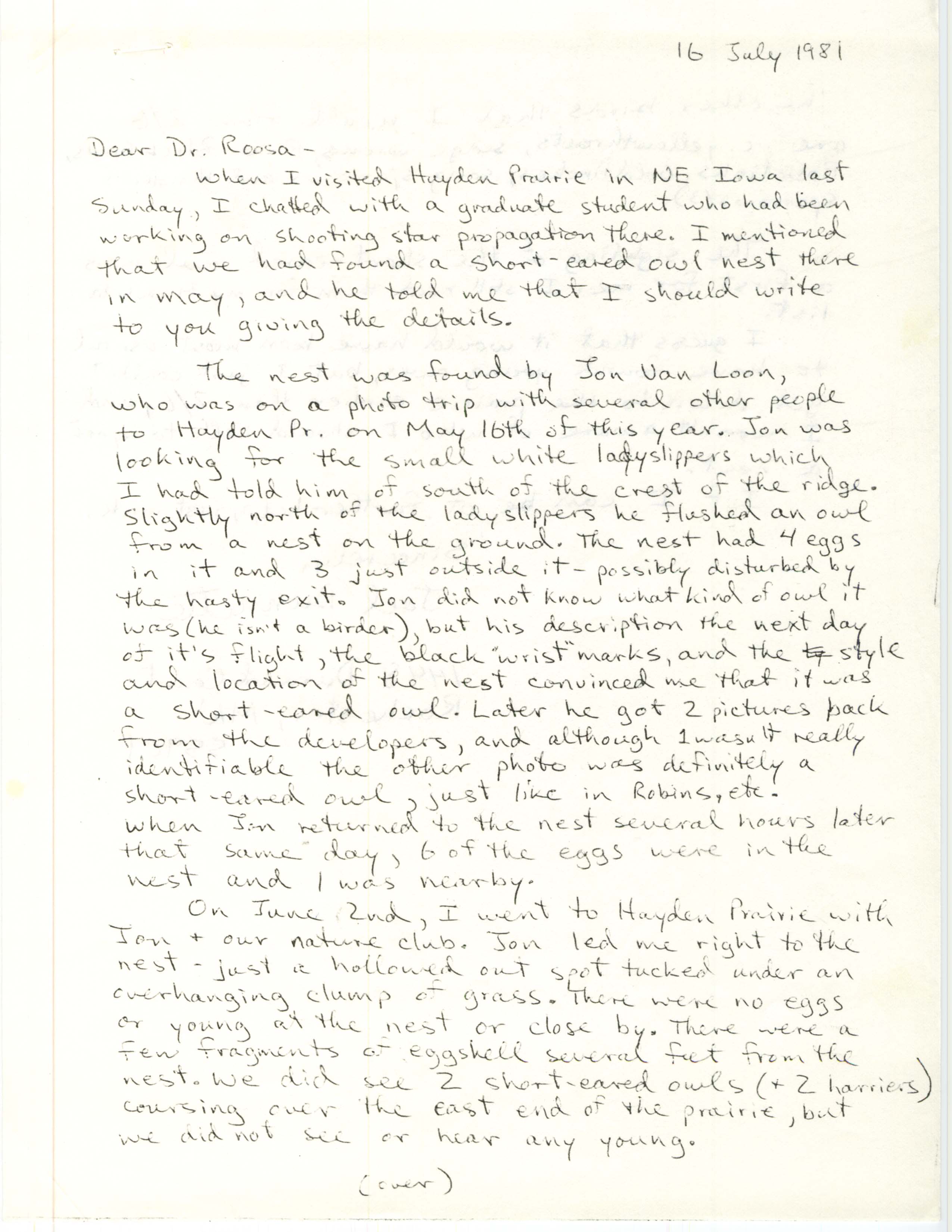 Joel Dunnette letter to Dean Roosa regarding a Short-eared Owl sighting, July 16, 1981