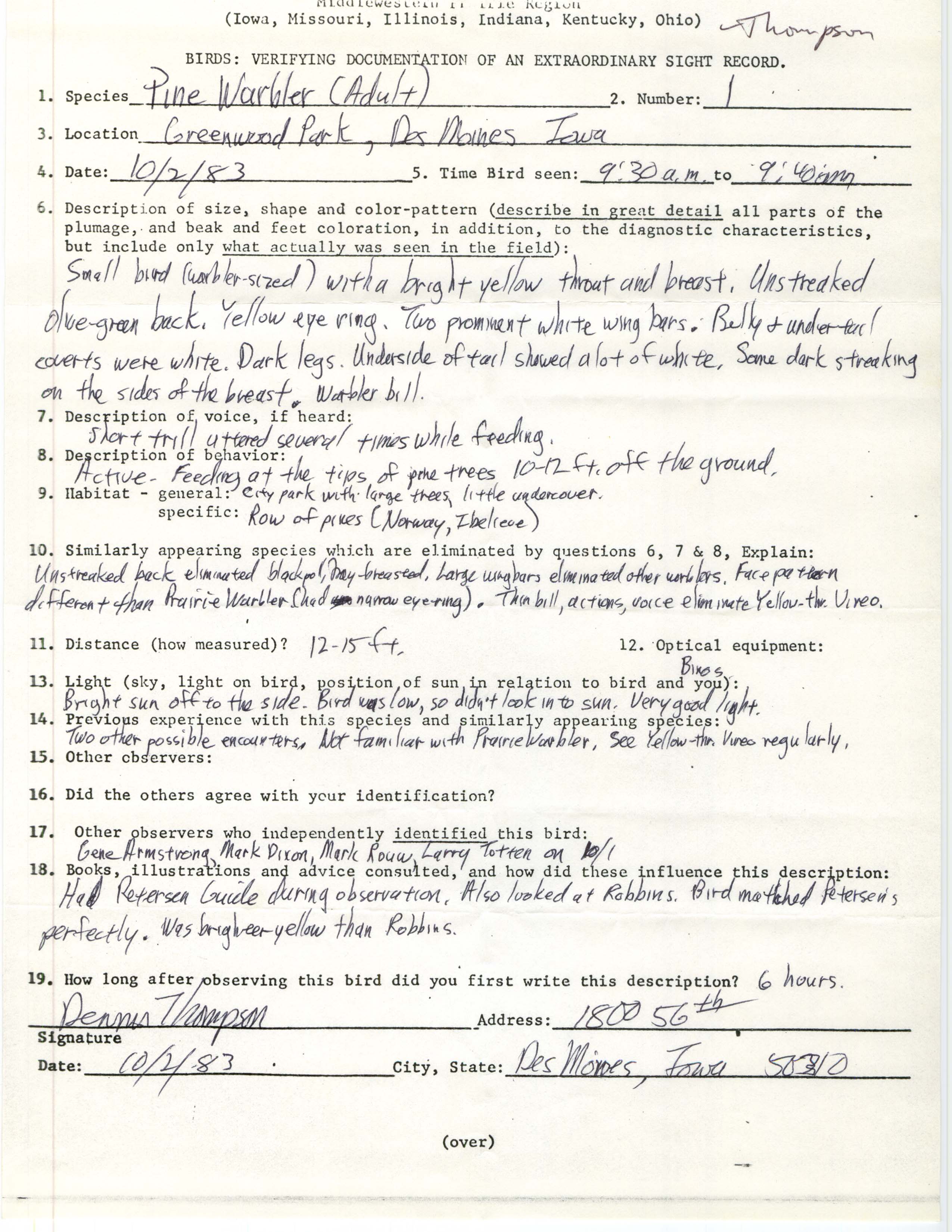 Rare bird documentation form for Pine Warbler at Greenwood Park in Des Moines, 1983