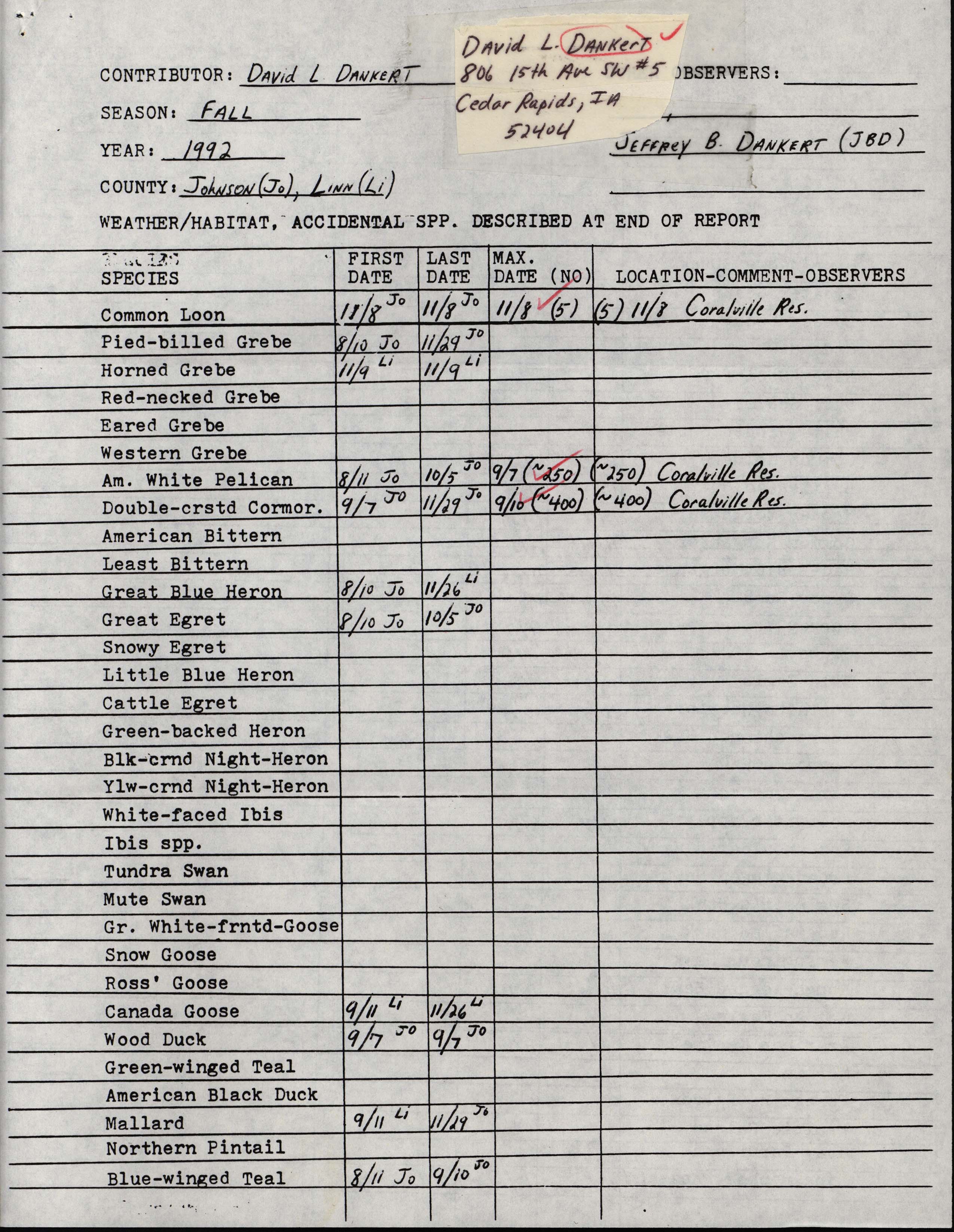 Field notes contributed by David L. Dankert, fall 1992