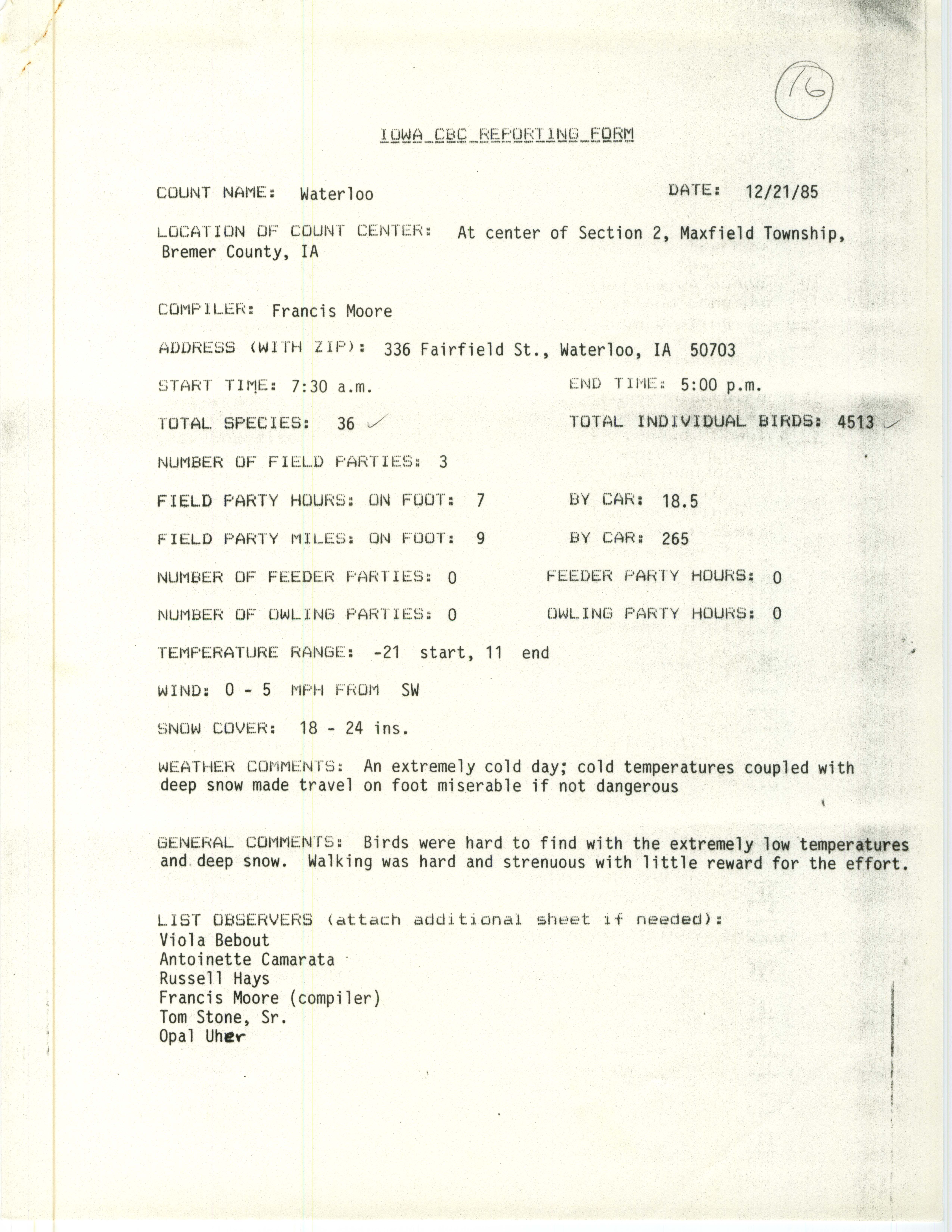 Iowa CBC reporting form, Waterloo, December 21, 1985