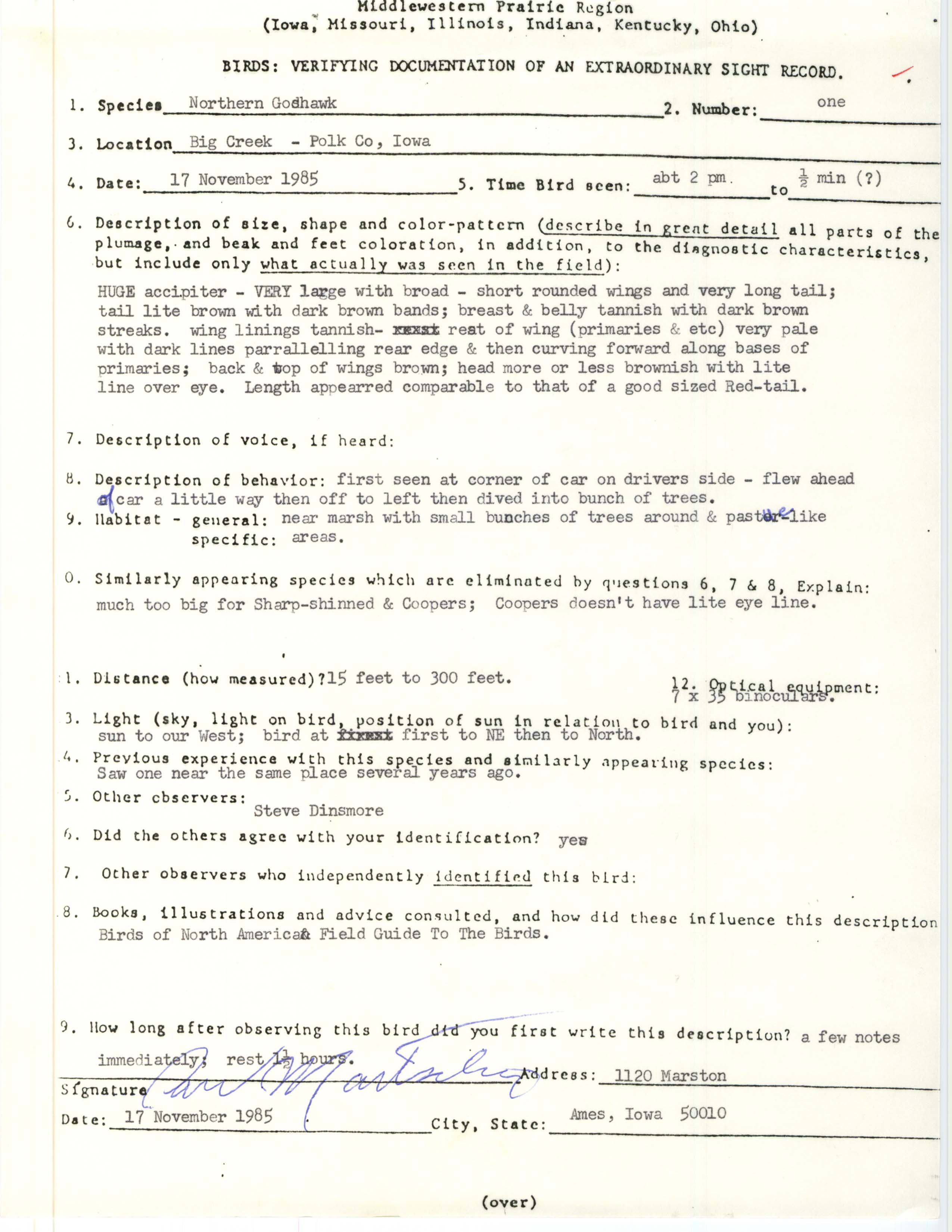 Rare bird documentation form for Northern Goshawk at Big Creek, 1985