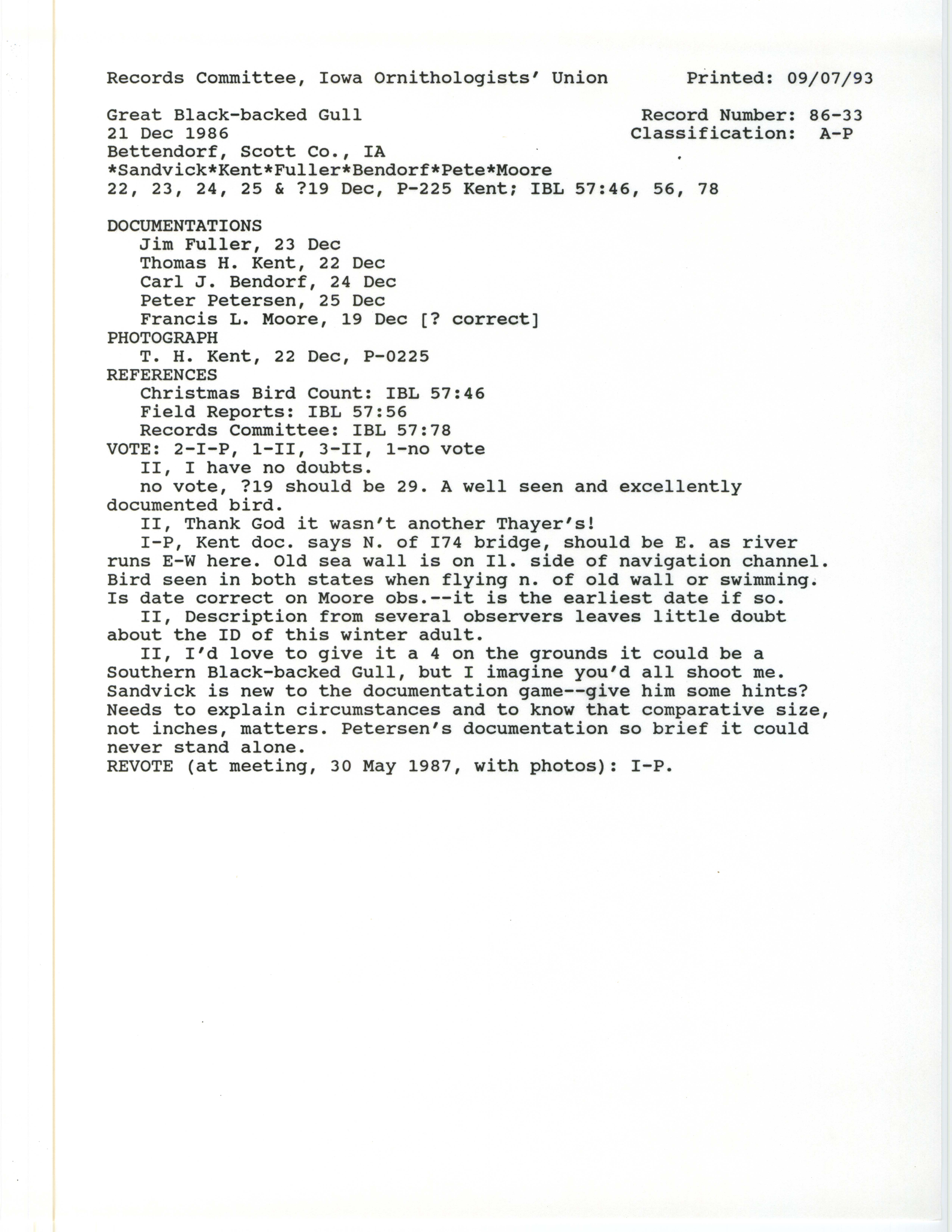 Records Committee review for rare bird sighting of Great Black-backed Gull near the Ben Butterworth Parkway in Moline, 1986