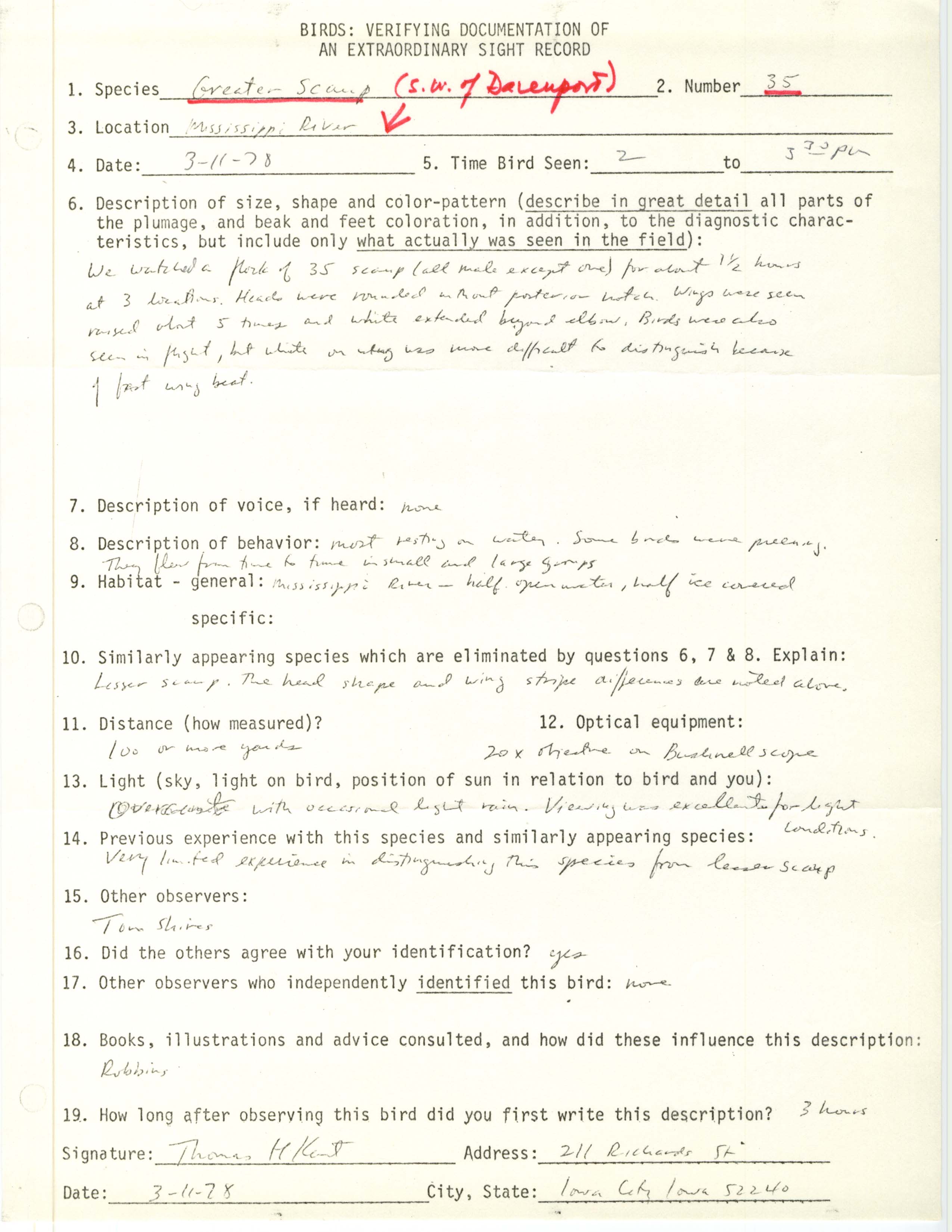 Rare bird documentation form for Greater Scaup at Mississippi River, SW of Davenport, 1978