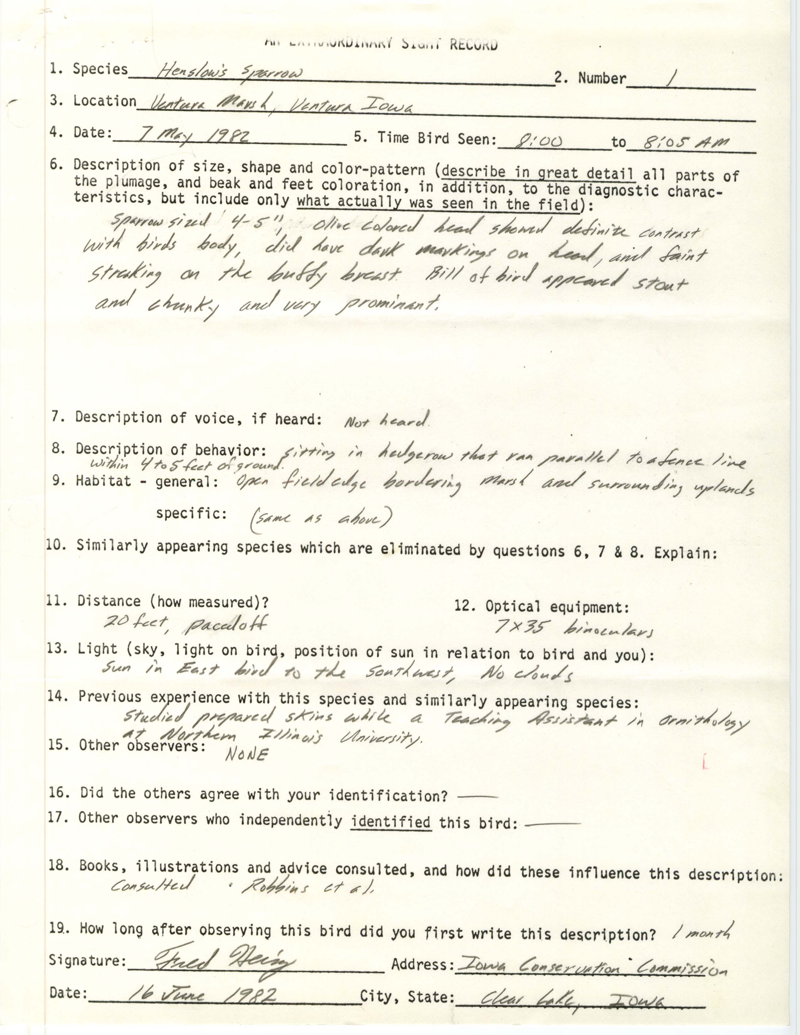 Rare bird documentation form for Henslow's Sparrow at Ventura Marsh, 1982