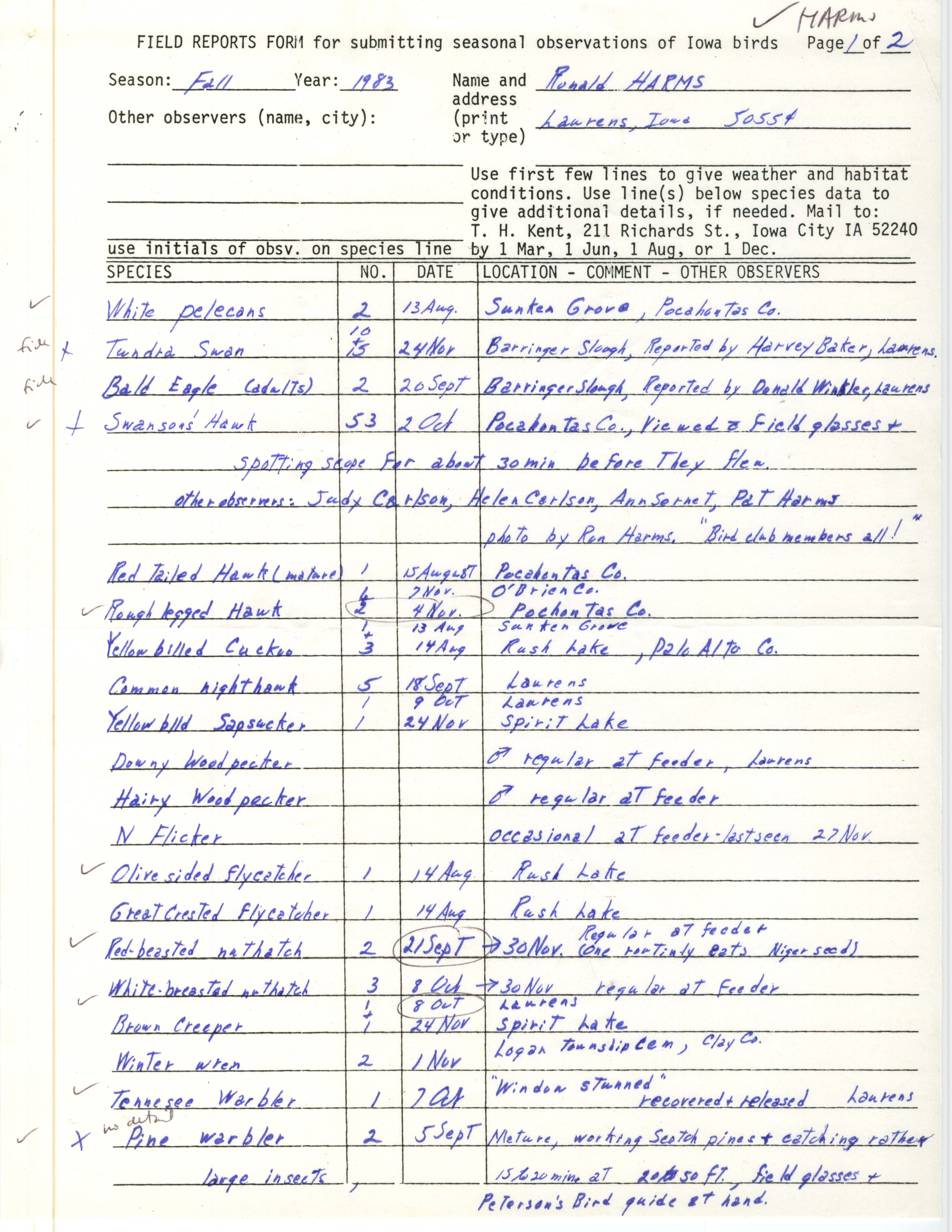 Field reports form for submitting seasonal observations of Iowa birds, Ronald Harms, fall 1983