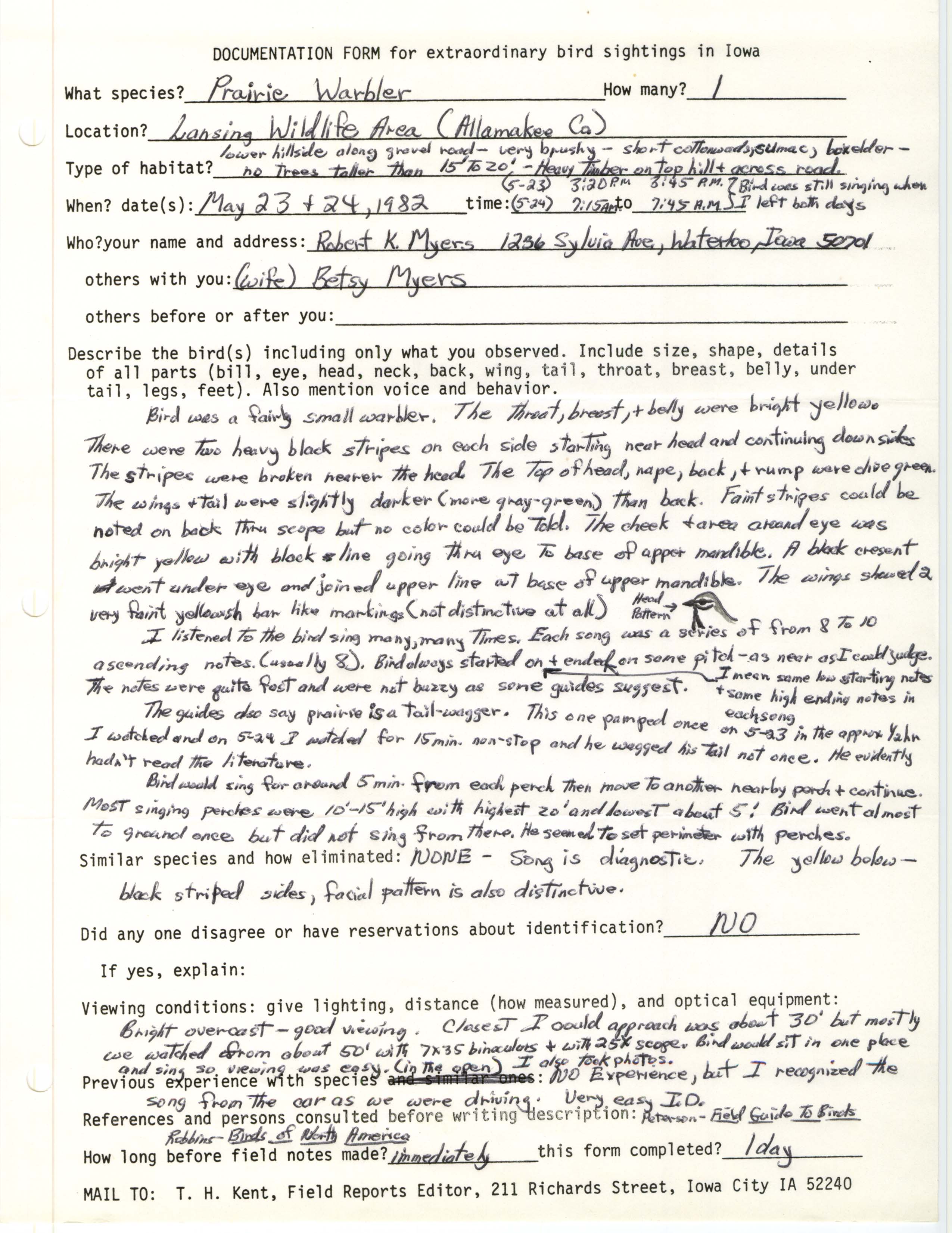 Rare bird documentation form for Prairie Warbler at Lansing Wildlife Area in 1982