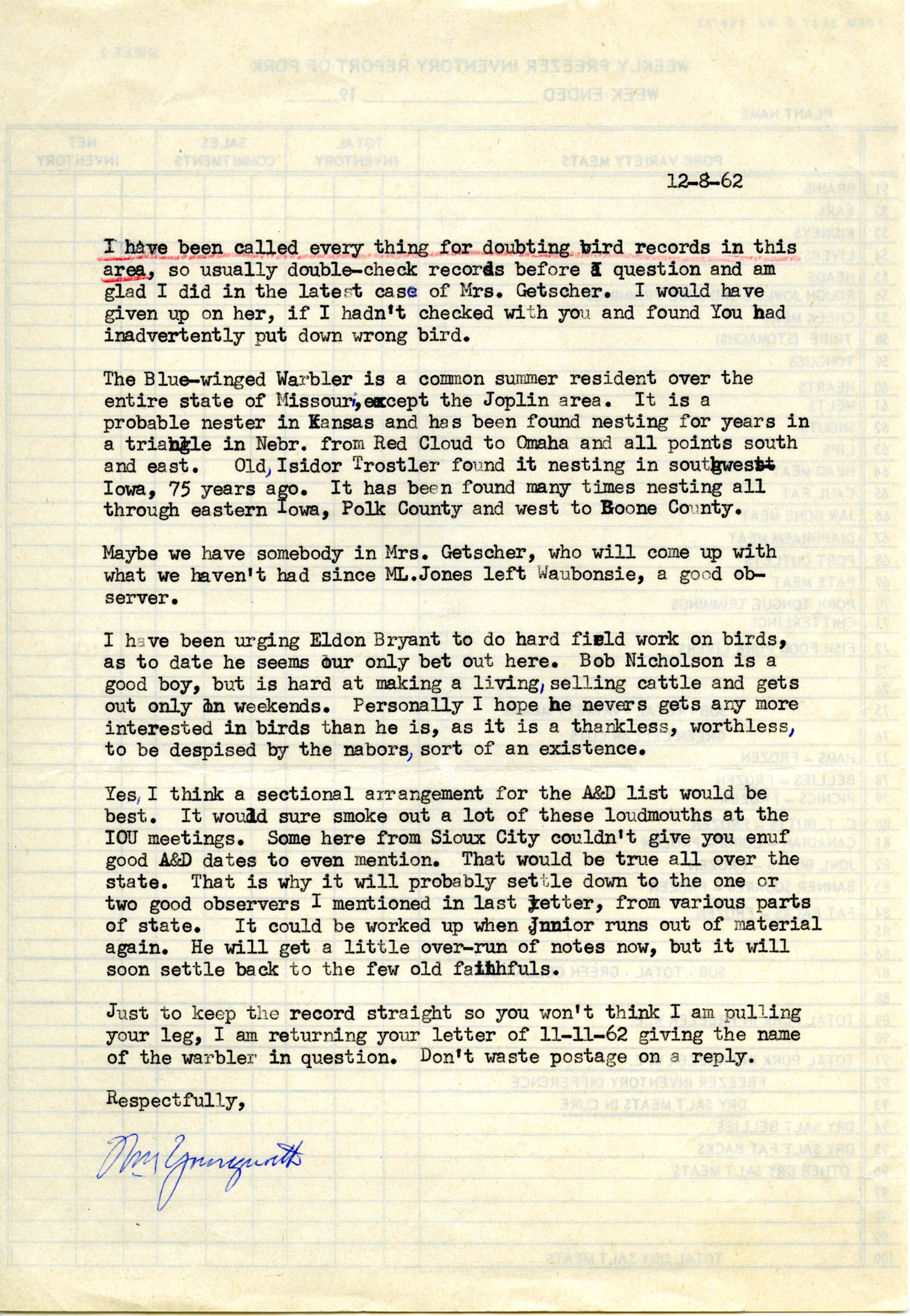 Bill Youngworth letter to Woodward Hart Brown regarding Blue-winged Warbler range, December 8, 1962