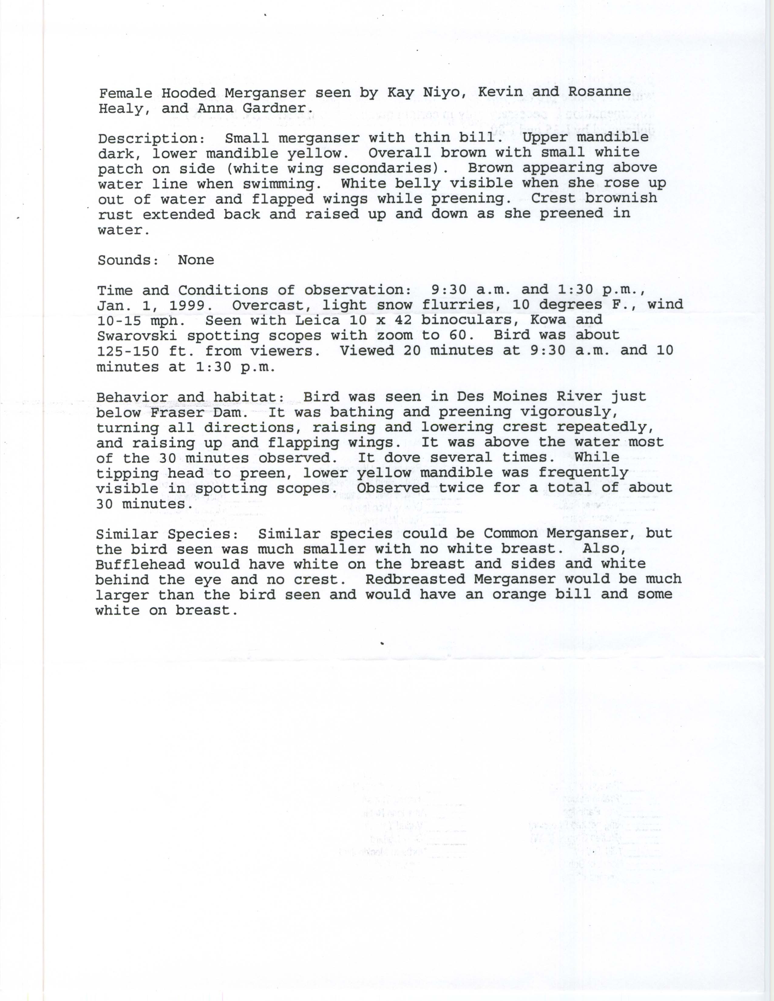 Rare bird documentation form for Hooded Merganser at Fraser Dam, 1999